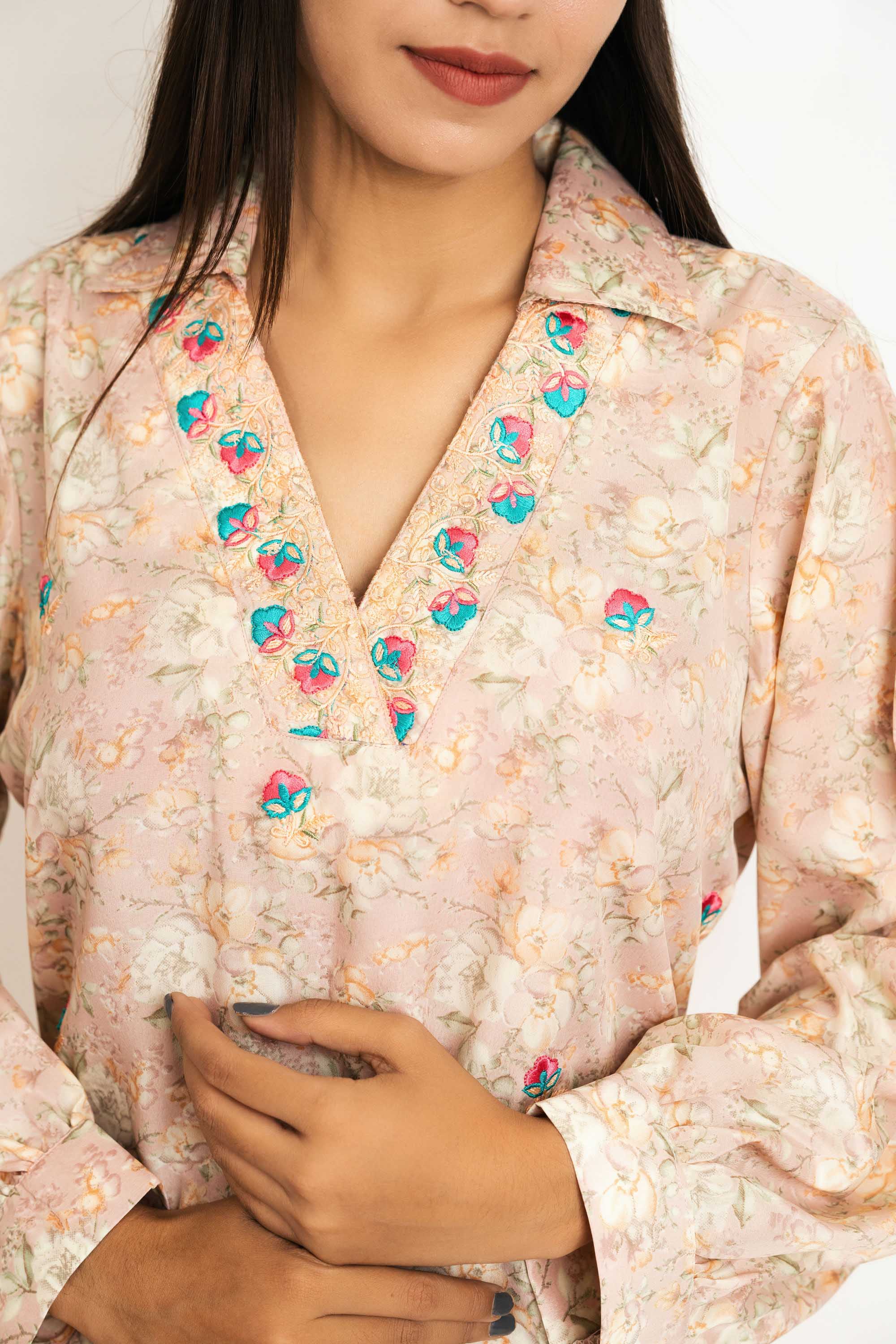 Peach Floral Italian Silk Co-Ord Set