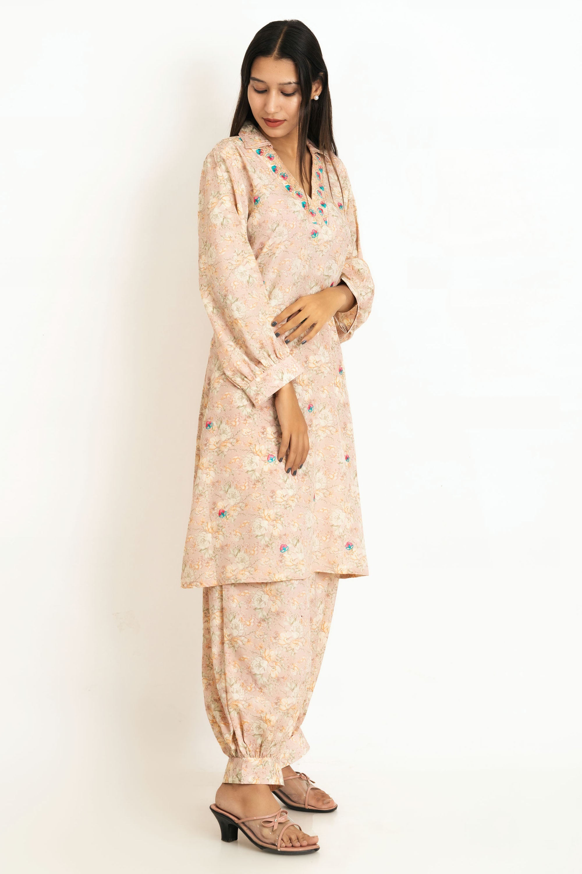 Peach Floral Italian Silk Co-Ord Set