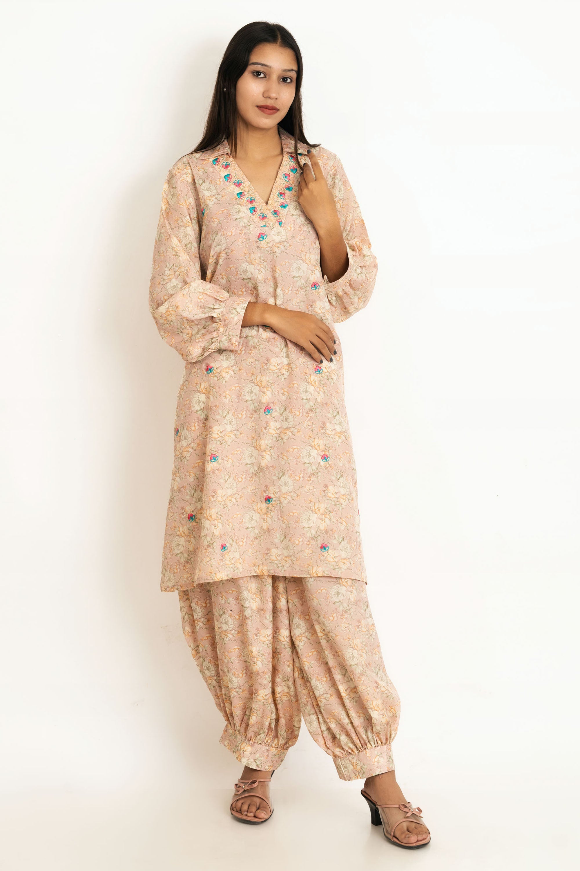 Peach Floral Italian Silk Co-Ord Set