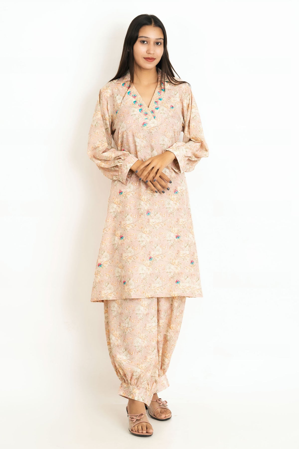 Peach Floral Italian Silk Co-Ord Set