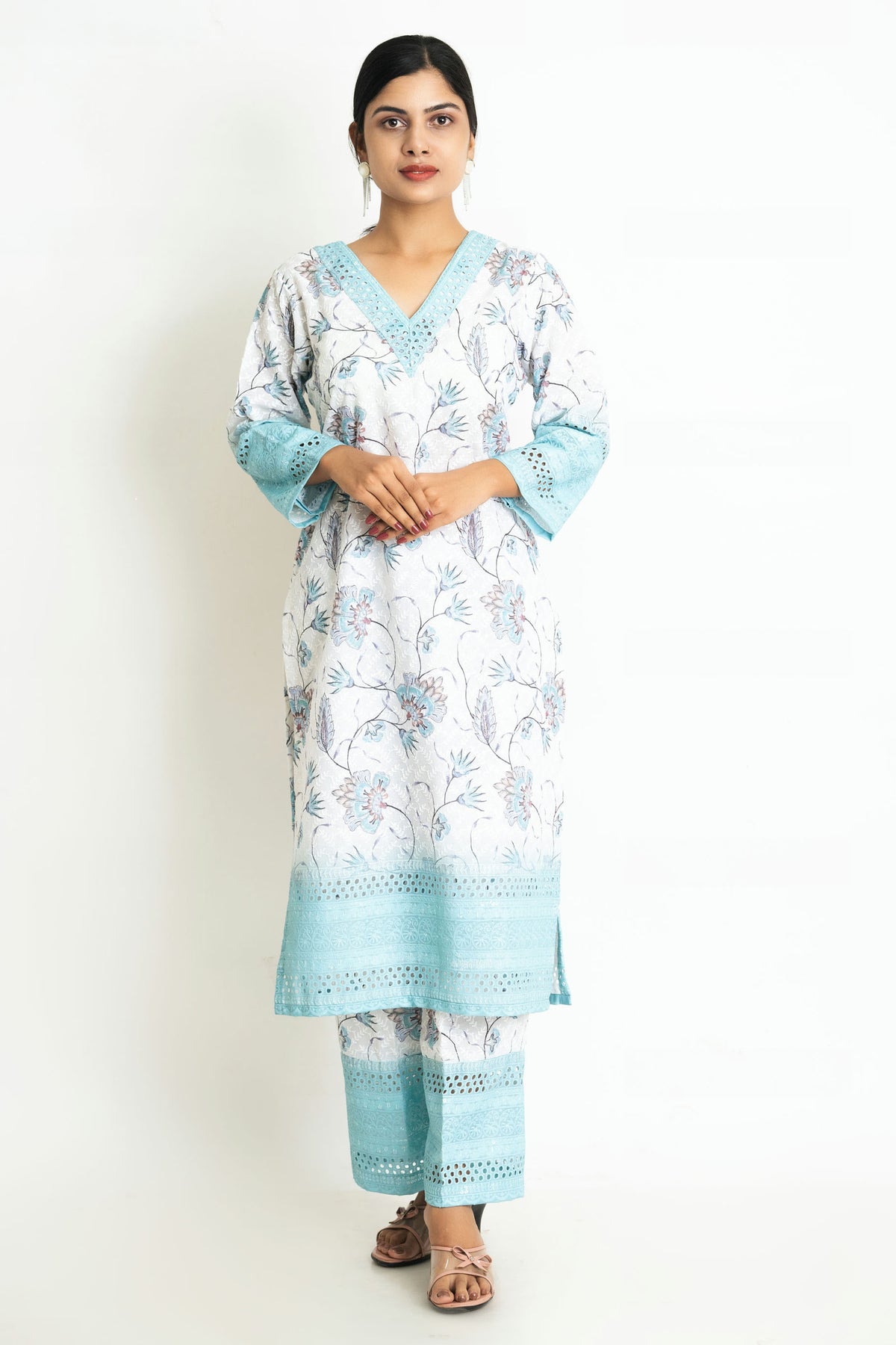 Rama Green Cotton Chikan Co-Ord Set