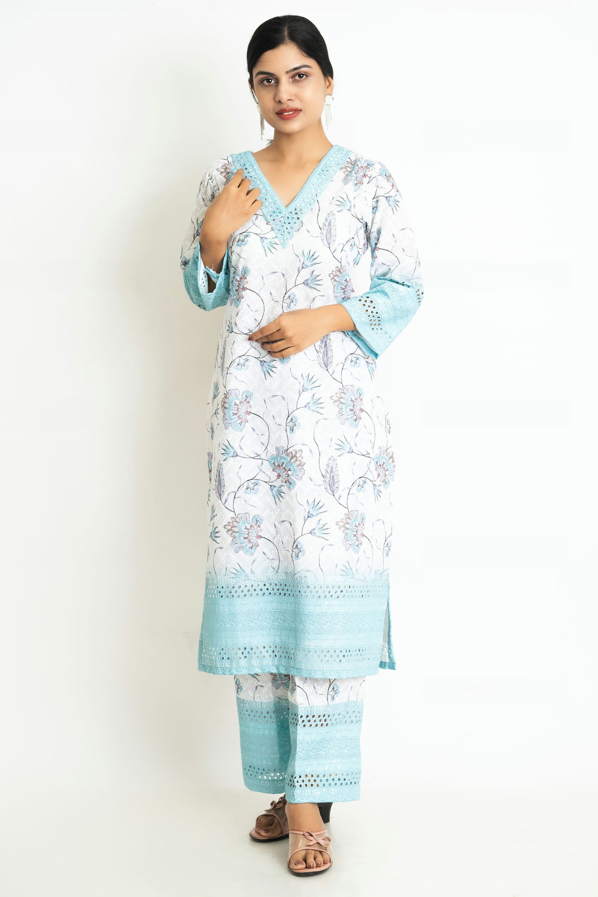 Rama Green Cotton Chikan Co-Ord Set