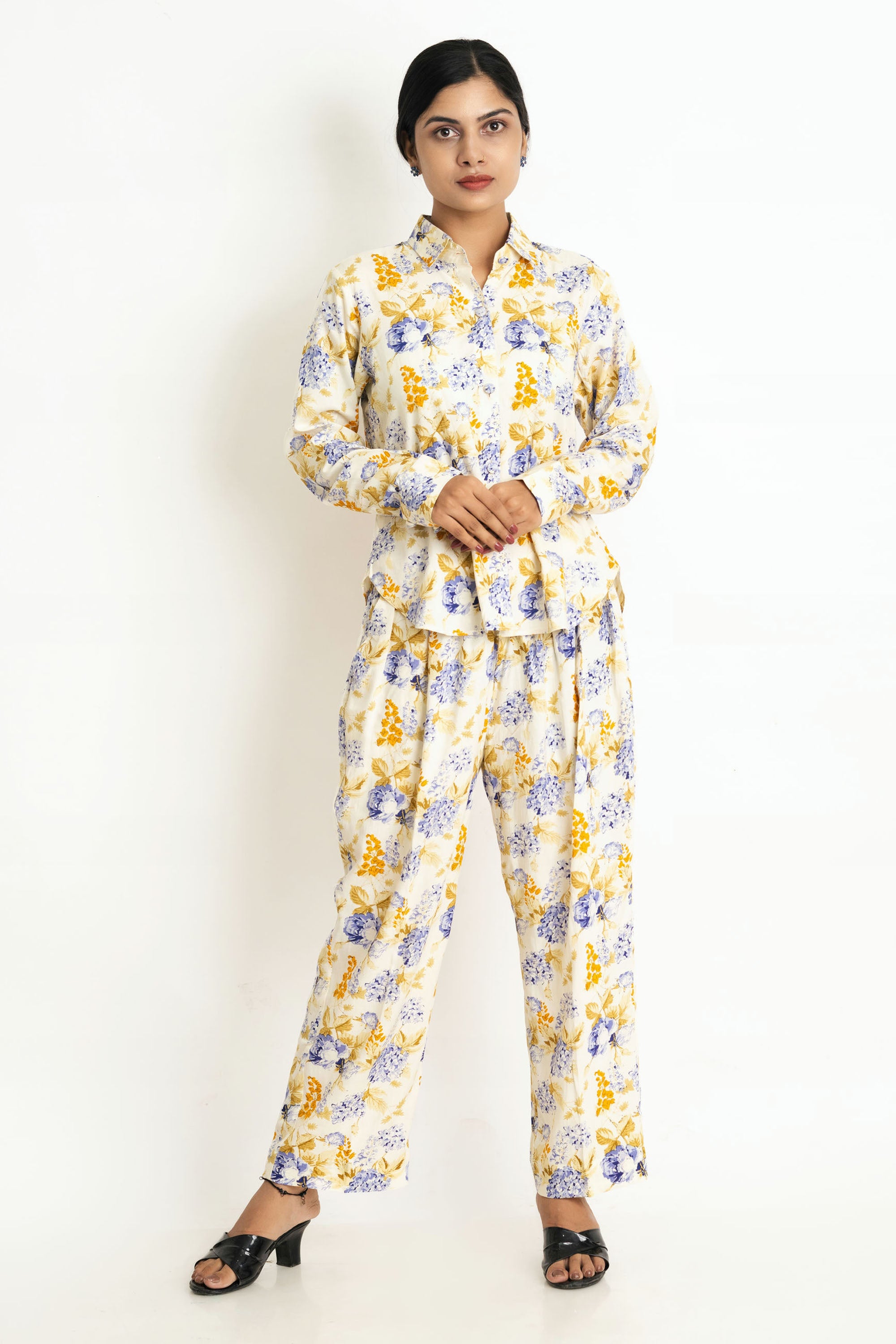 Off White Flower Print Cotton Co-Ord Set