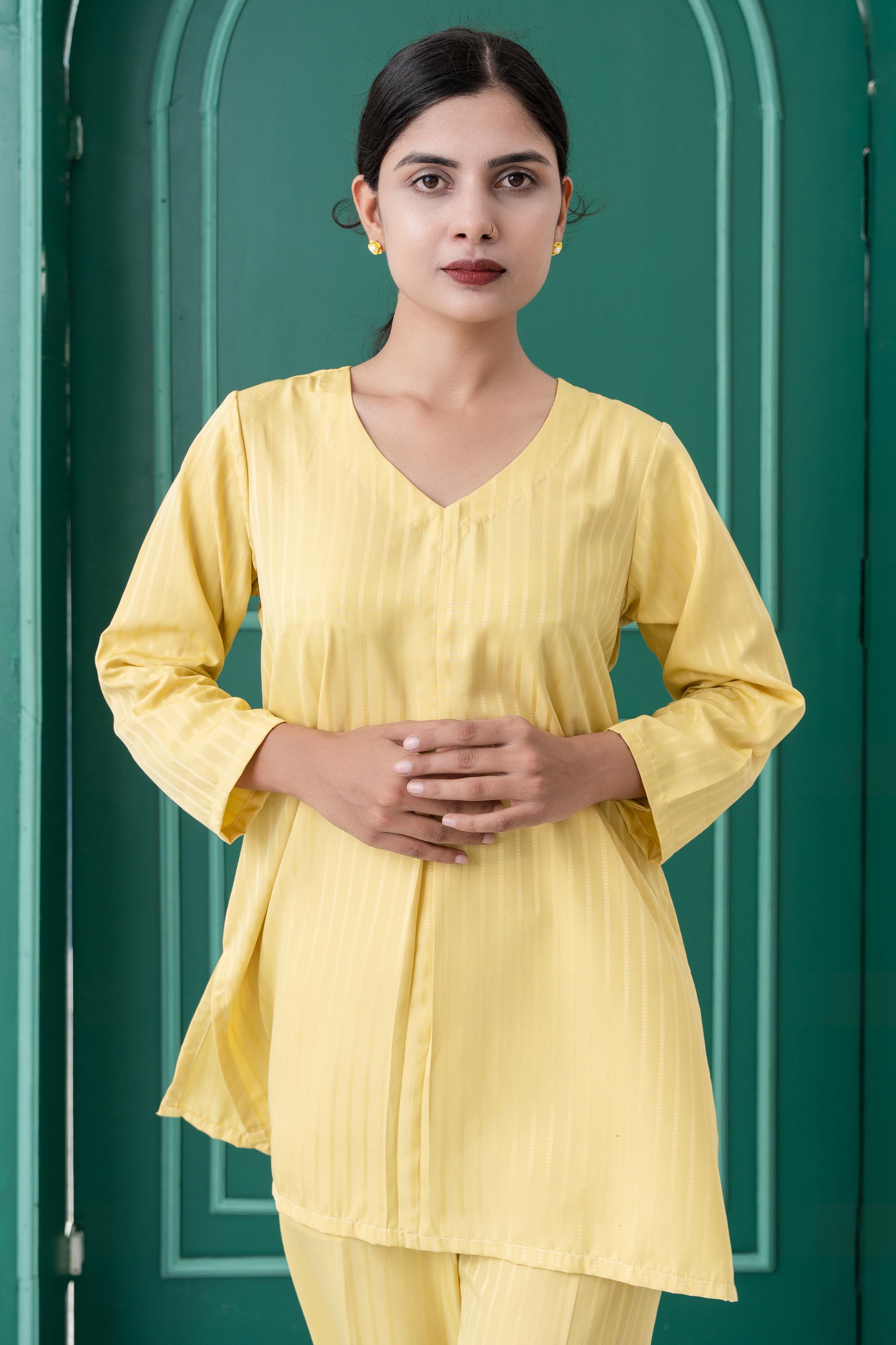 Lemon Yellow Italic Silk 3/4 Sleeve Co-Ord Set