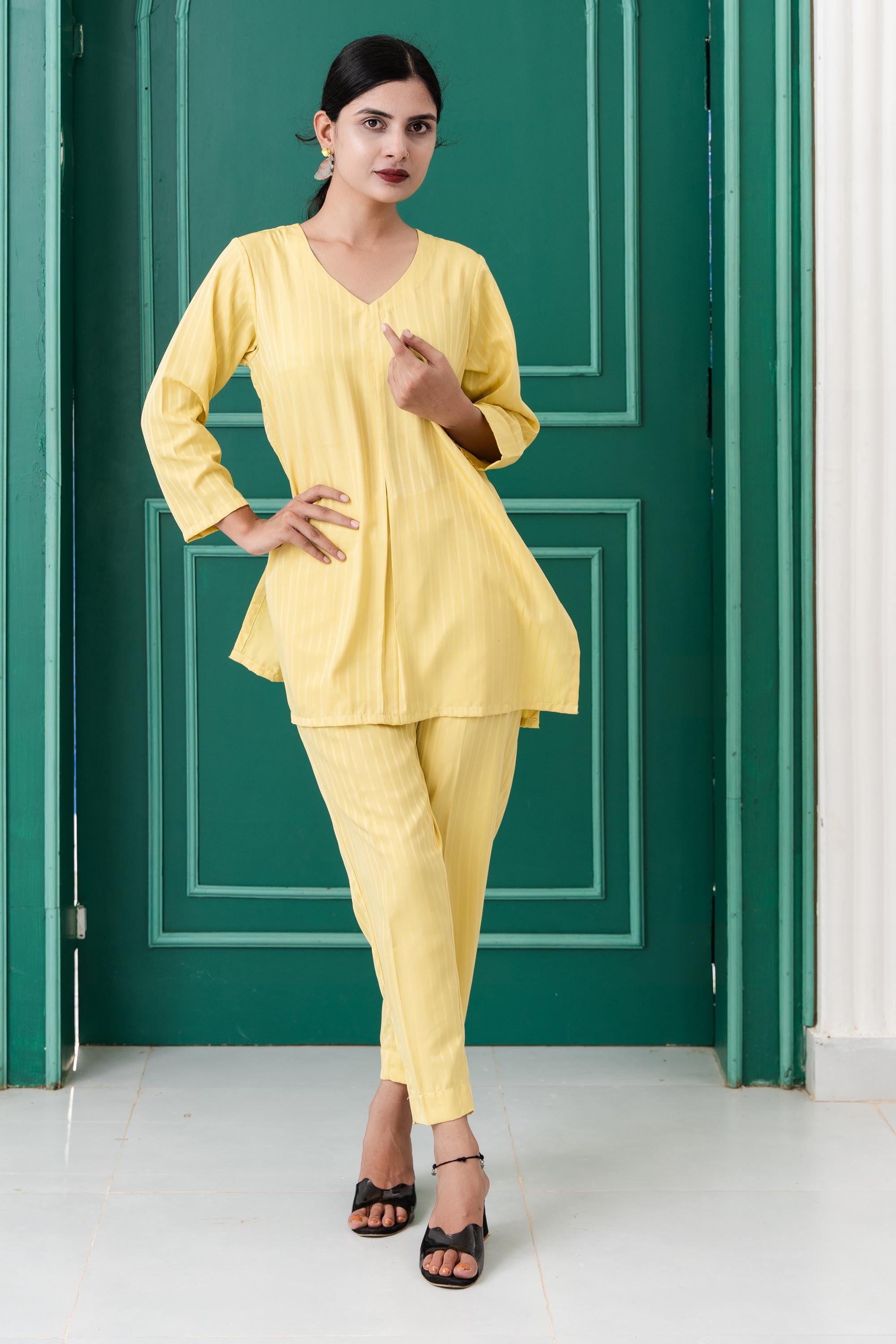 Lemon Yellow Italic Silk 3/4 Sleeve Co-Ord Set