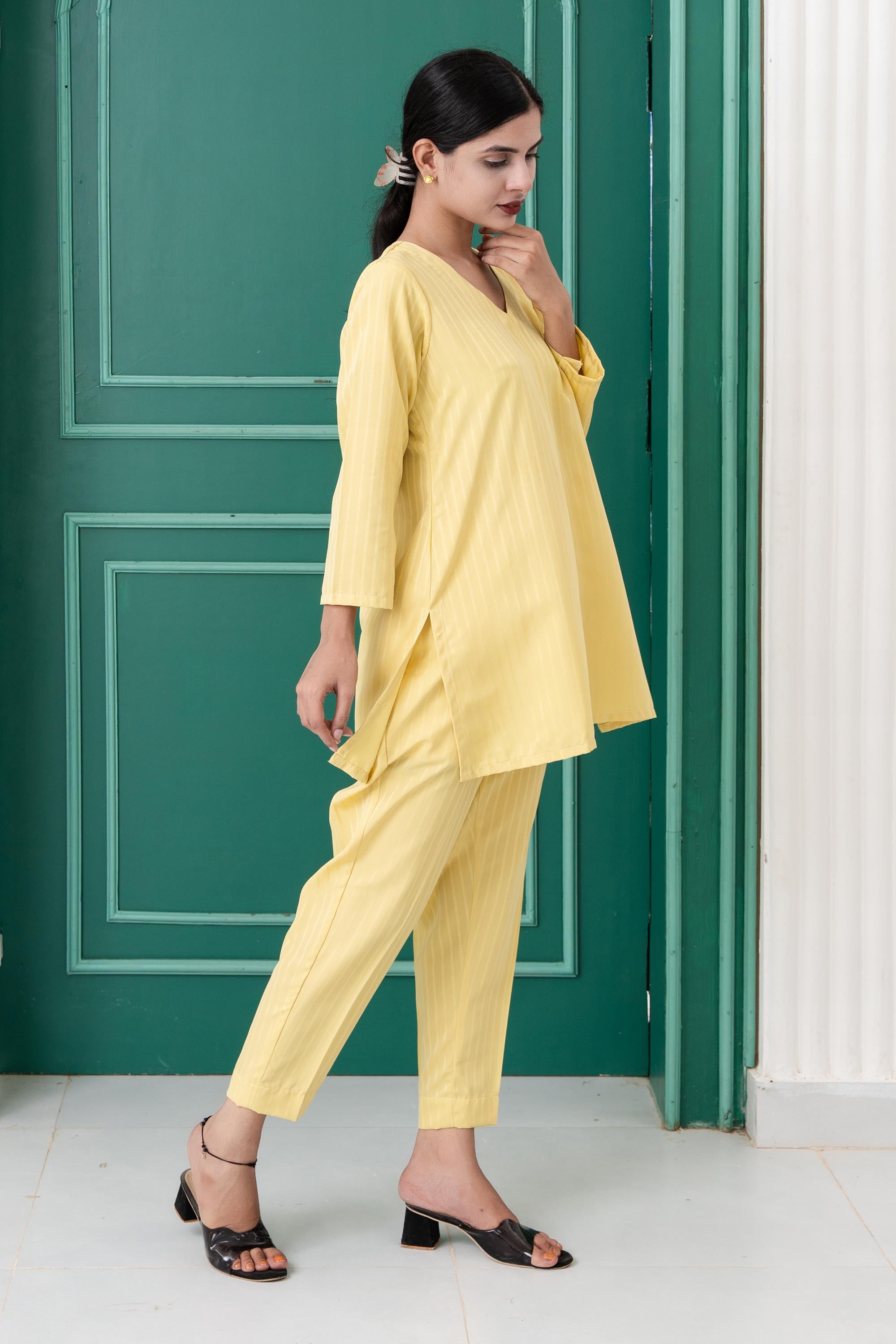 Lemon Yellow Italic Silk 3/4 Sleeve Co-Ord Set