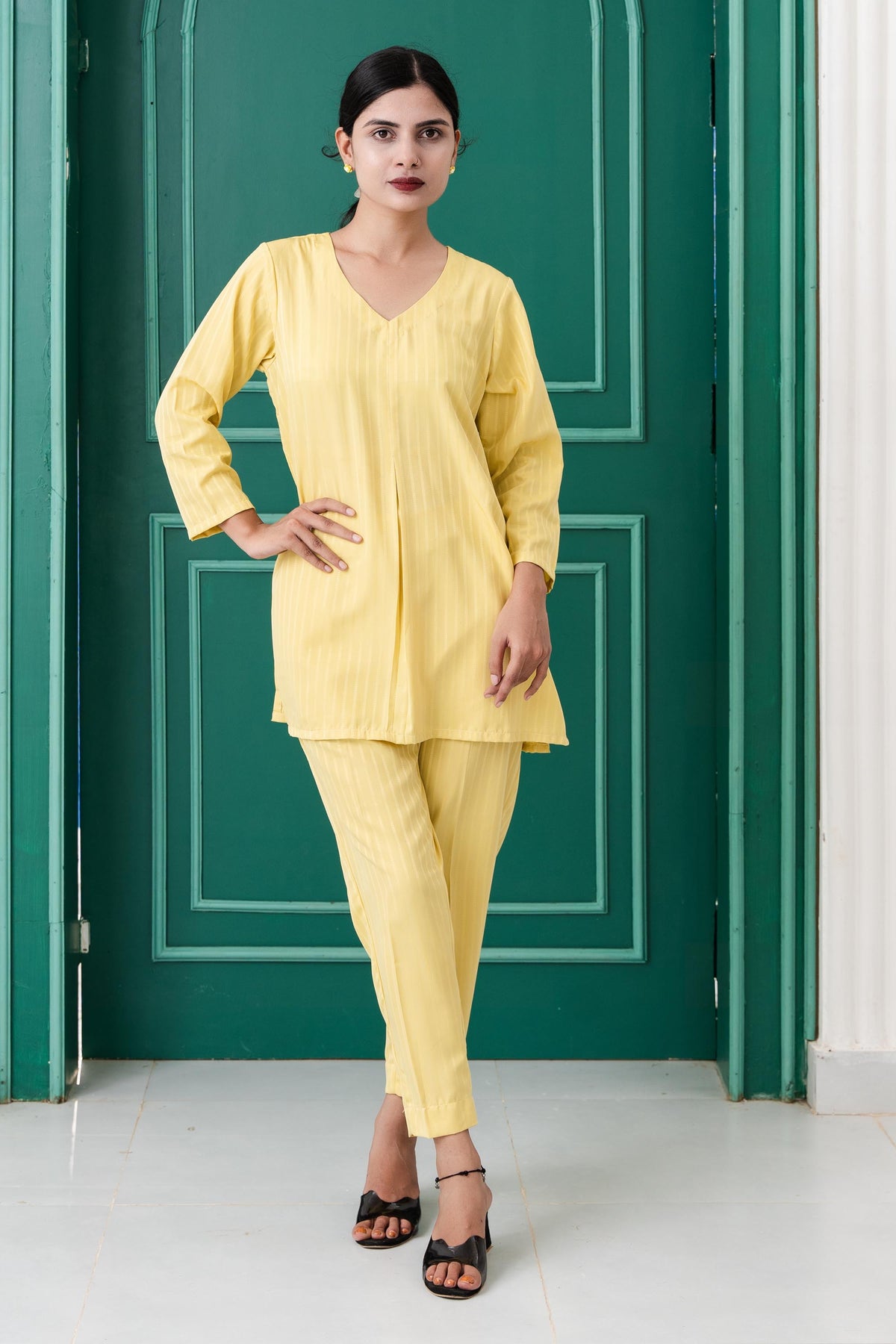 Lemon Yellow Italic Silk 3/4 Sleeve Co-Ord Set