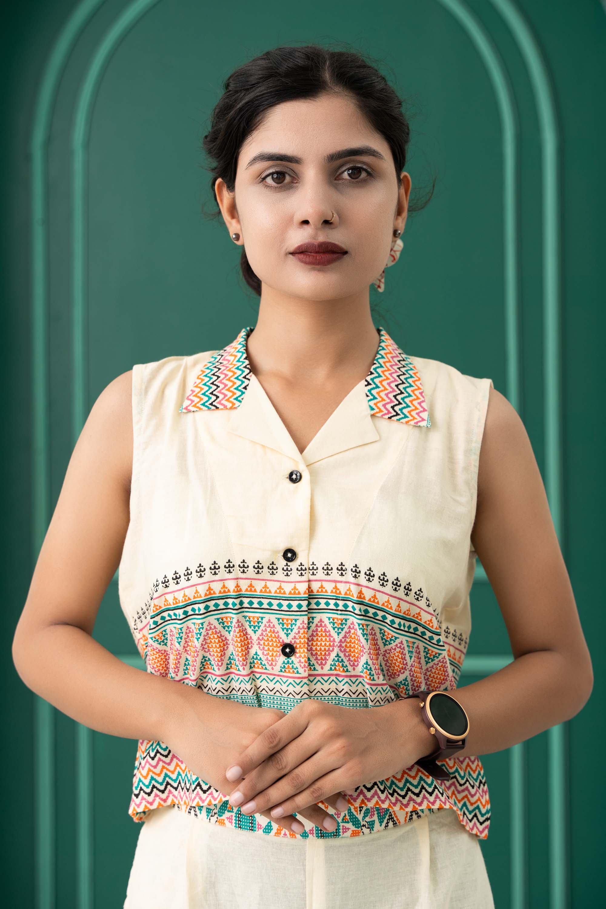 Rama Green Panel Sleeveless Cotton Co-Ord Set