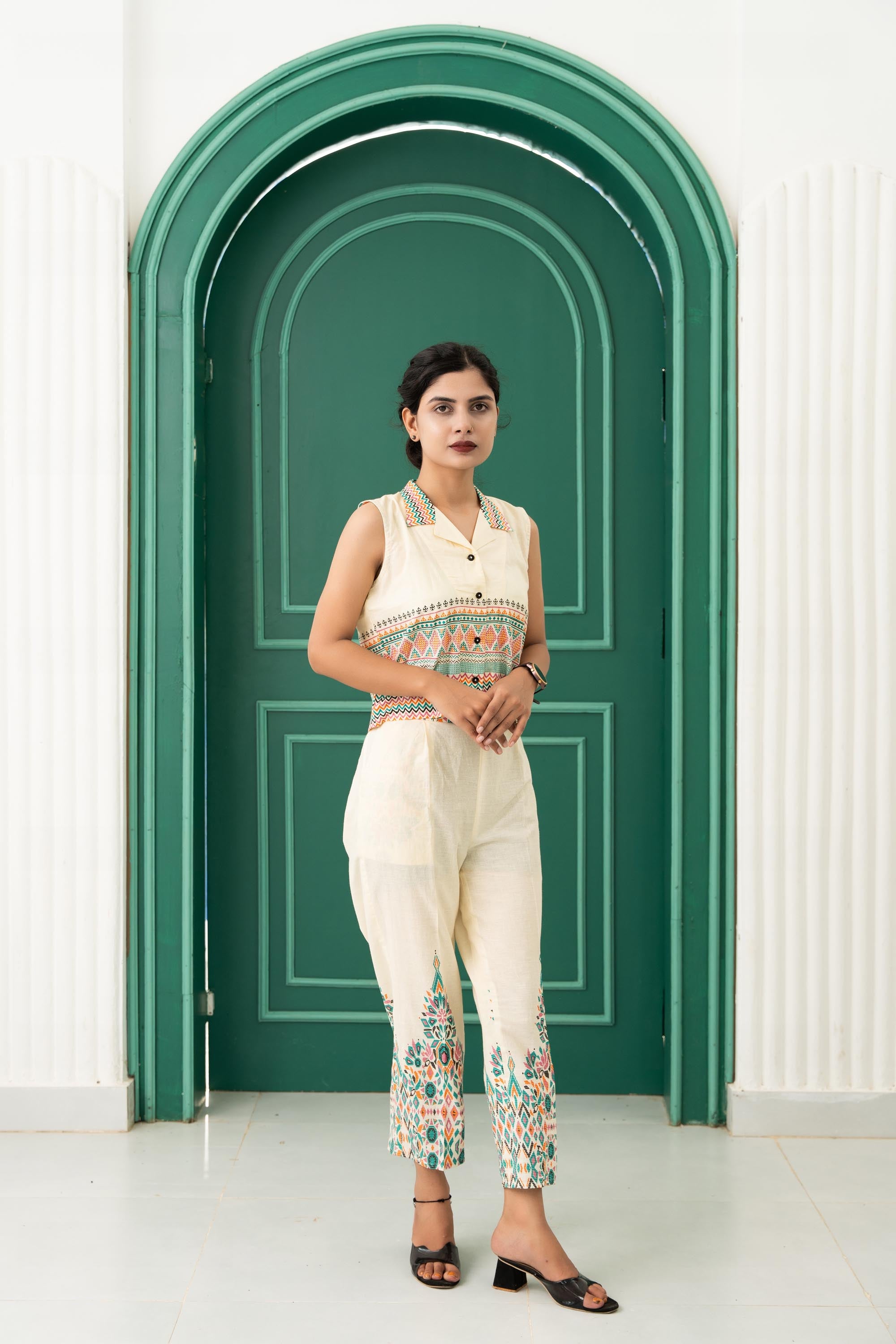 Rama Green Panel Sleeveless Cotton Co-Ord Set