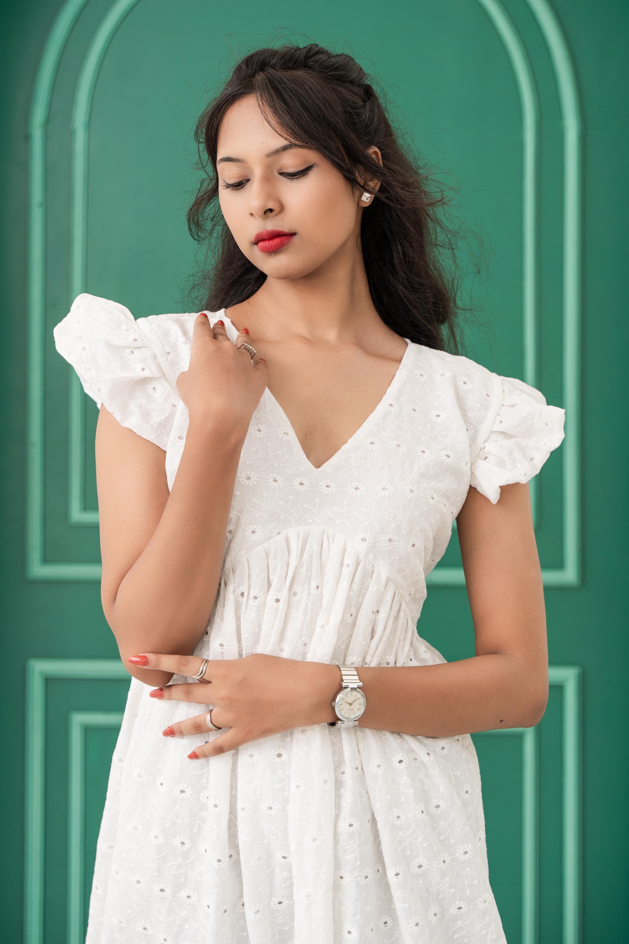 White V-Neck Chikan Cotton Short Dress