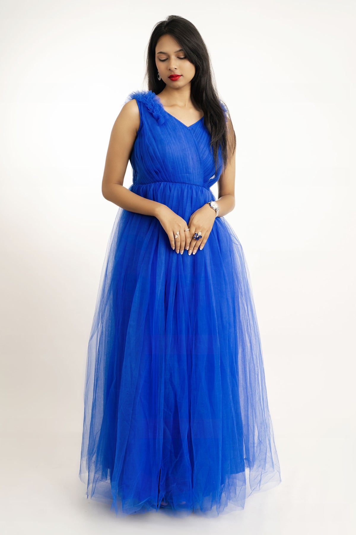 Blue Sleeveless Net Gown