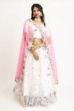 White & Pink V Neck Net Lehenga