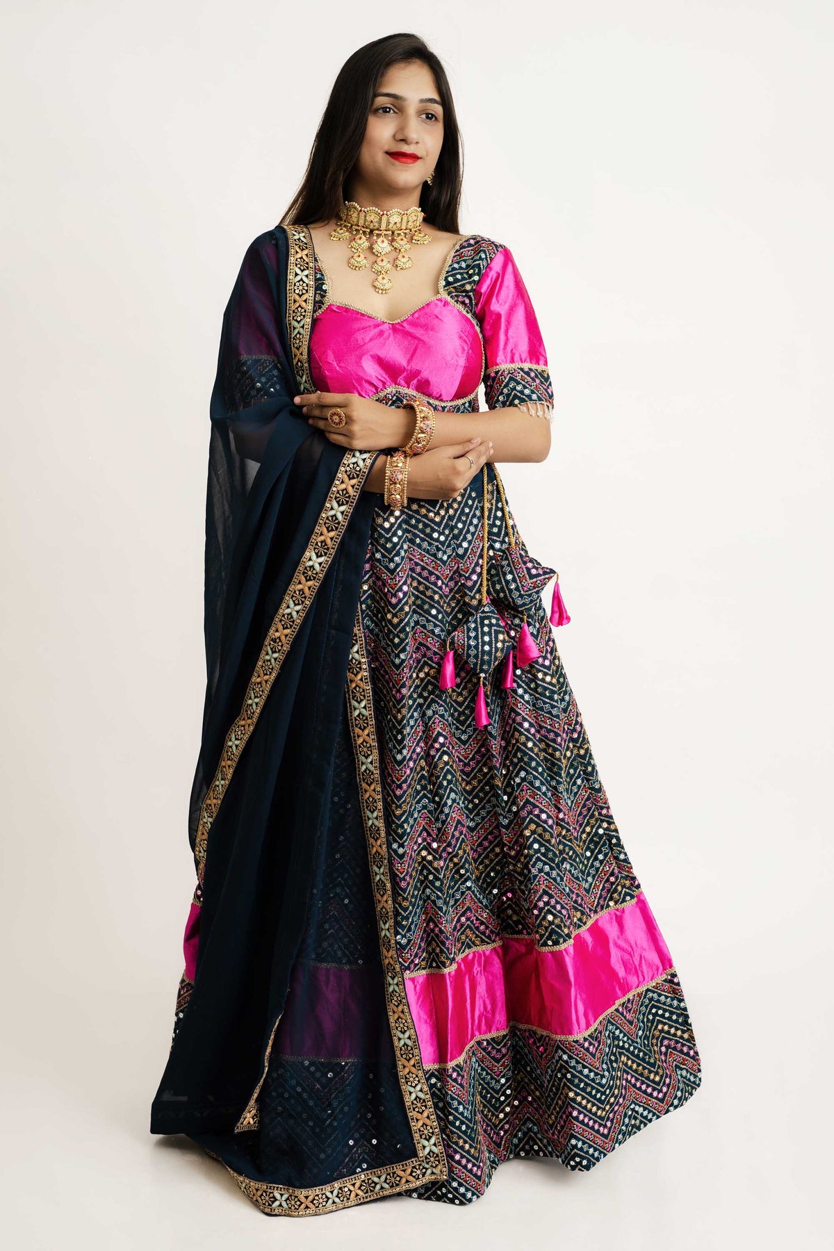 Prussian & Pink Georgette Sequence Lehenga