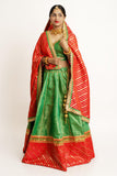 Red & Green Brocade V Neck Lehenga