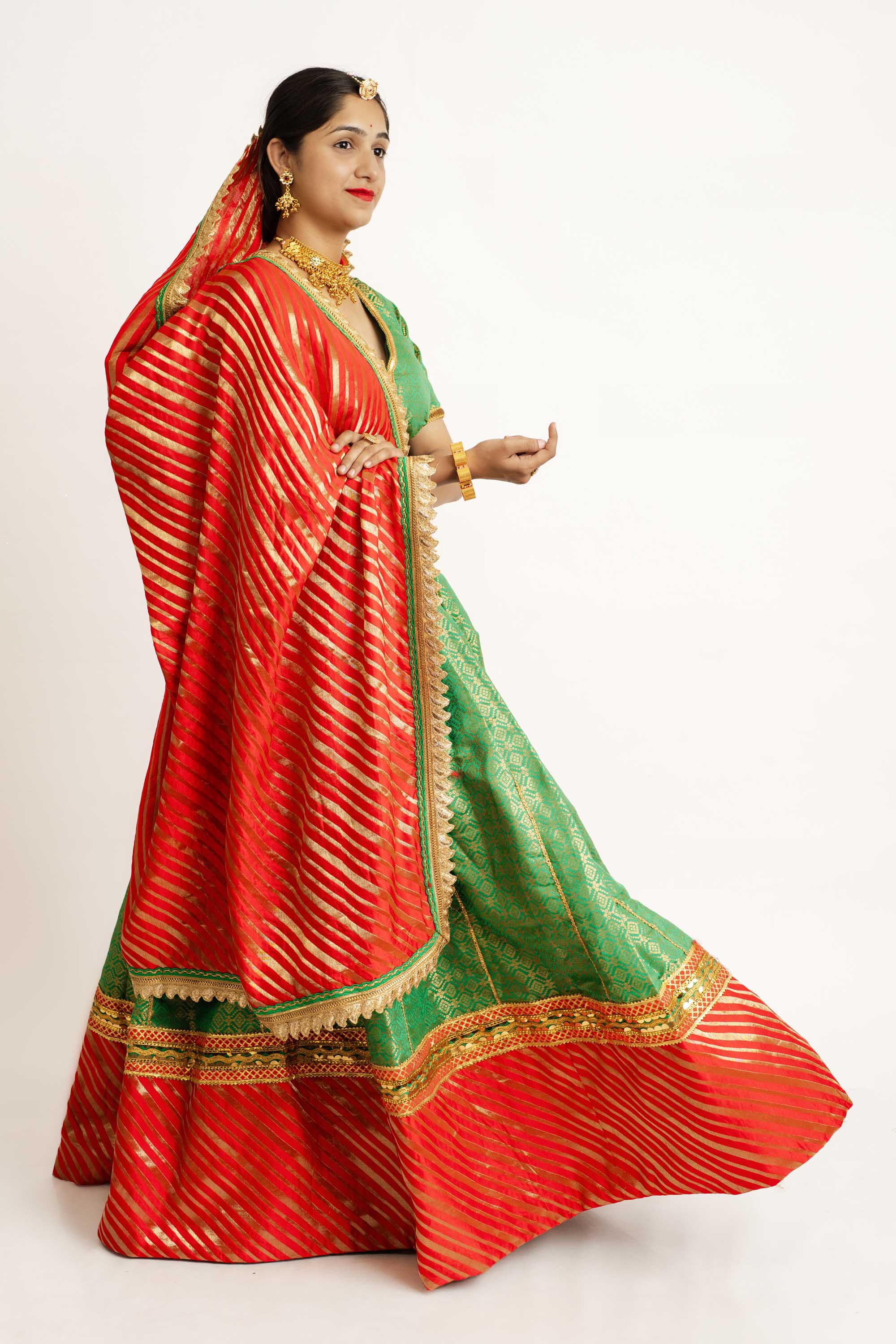 Red & Green Brocade V Neck Lehenga