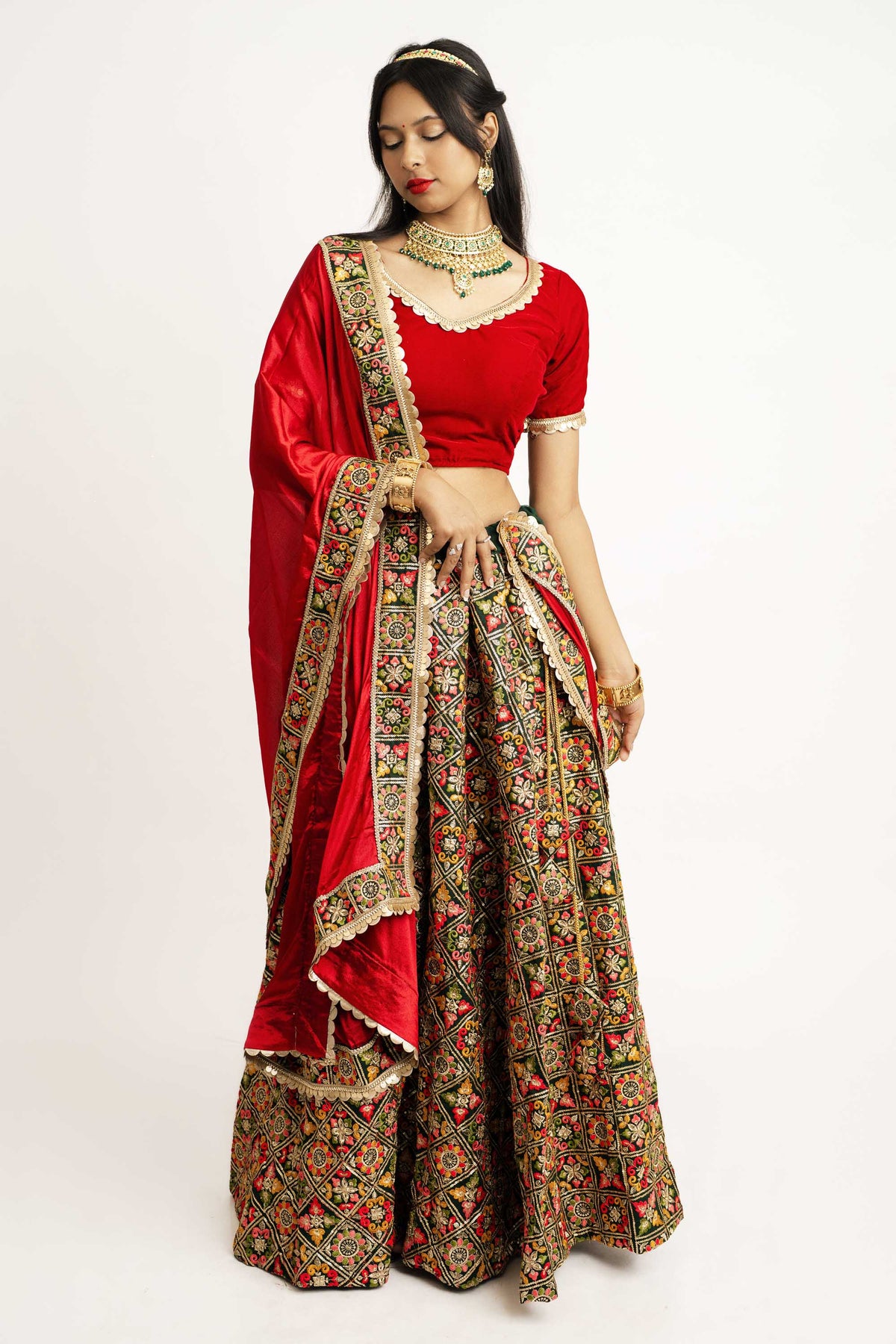 Green Chilli V Neck Velvet Lehenga