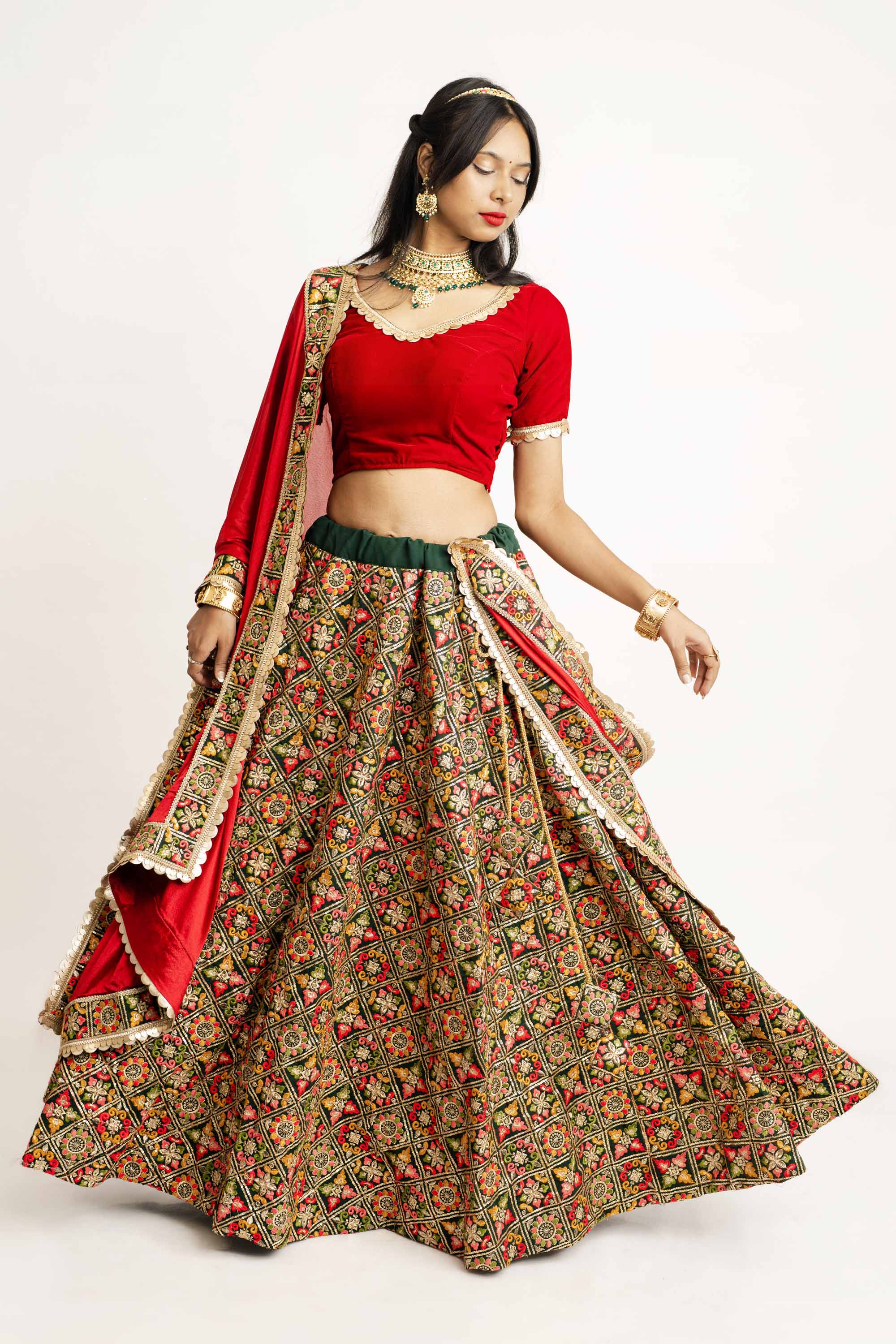 Green Chilli V Neck Velvet Lehenga