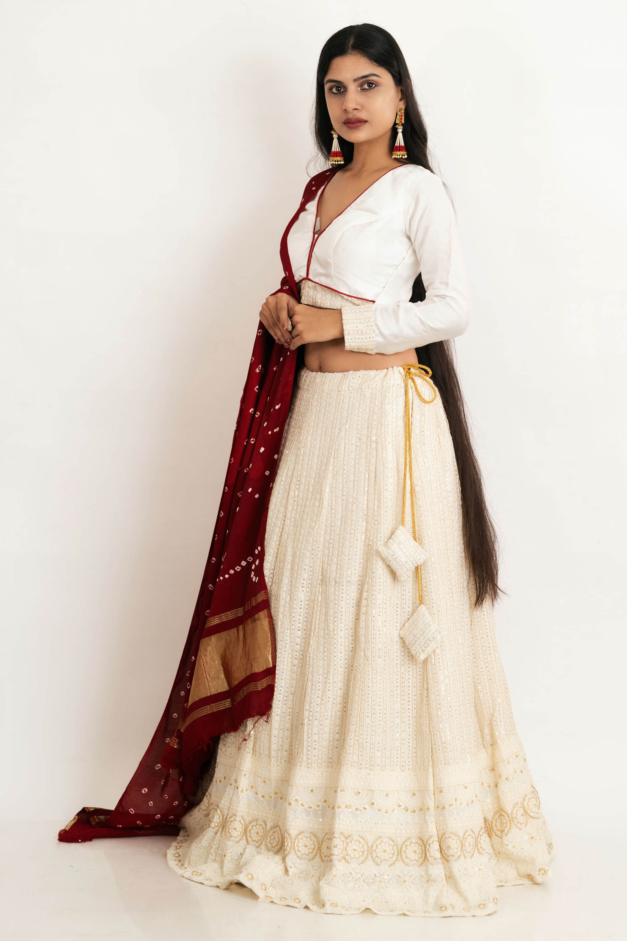 White & Red Georgette Thread Lehenga