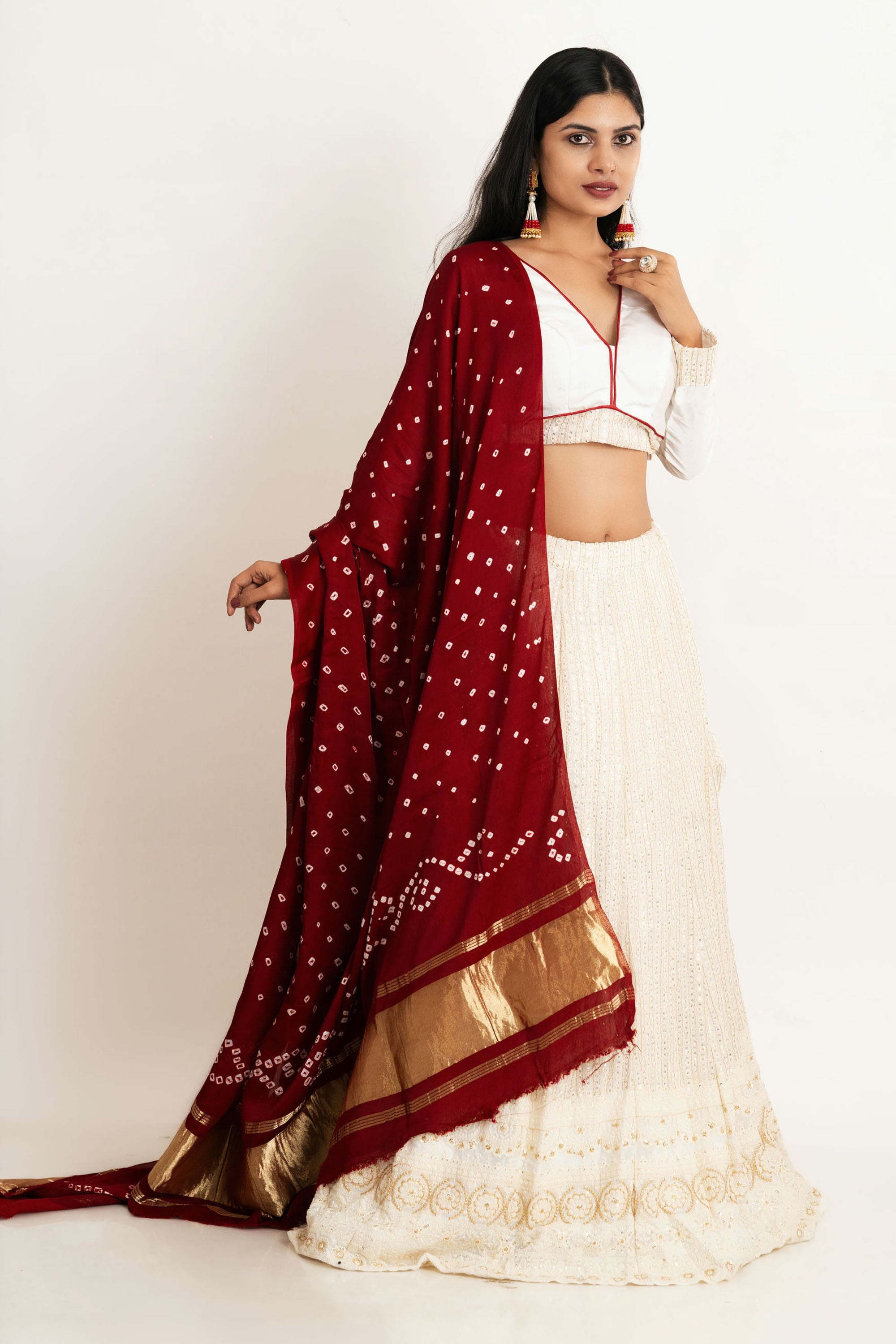 White & Red Georgette Thread Lehenga