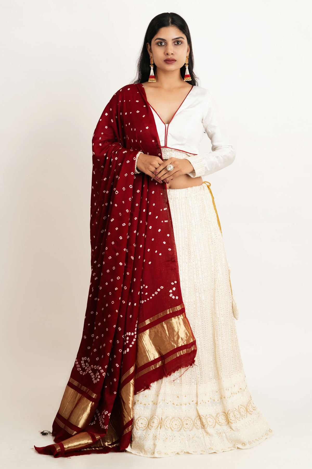 White & Red Georgette Thread Lehenga