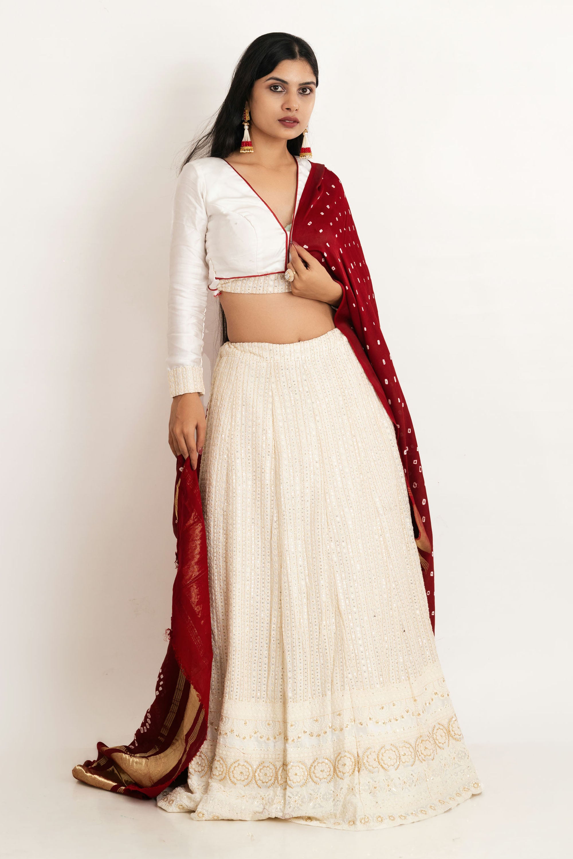 White & Red Georgette Thread Lehenga