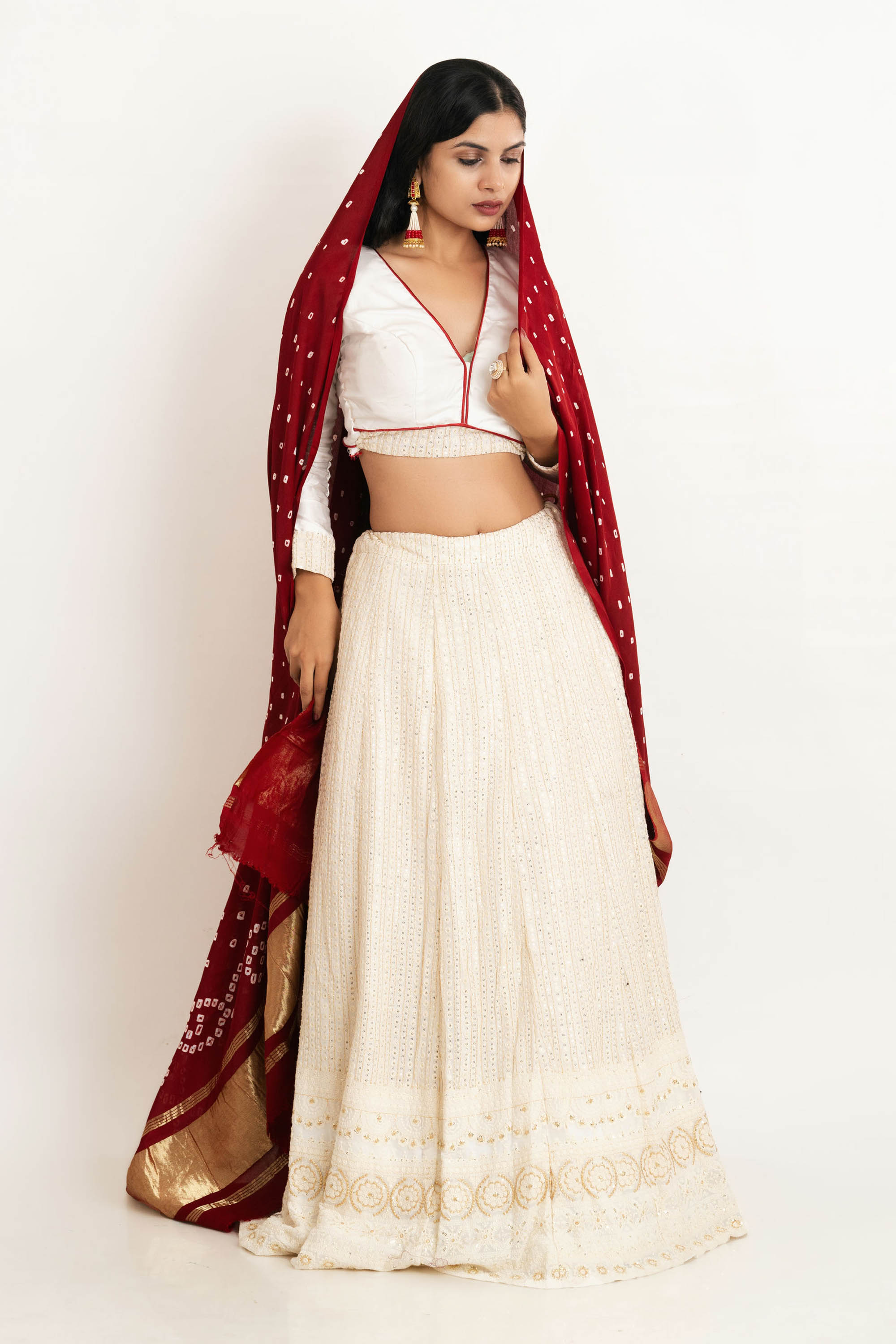 White & Red Georgette Thread Lehenga