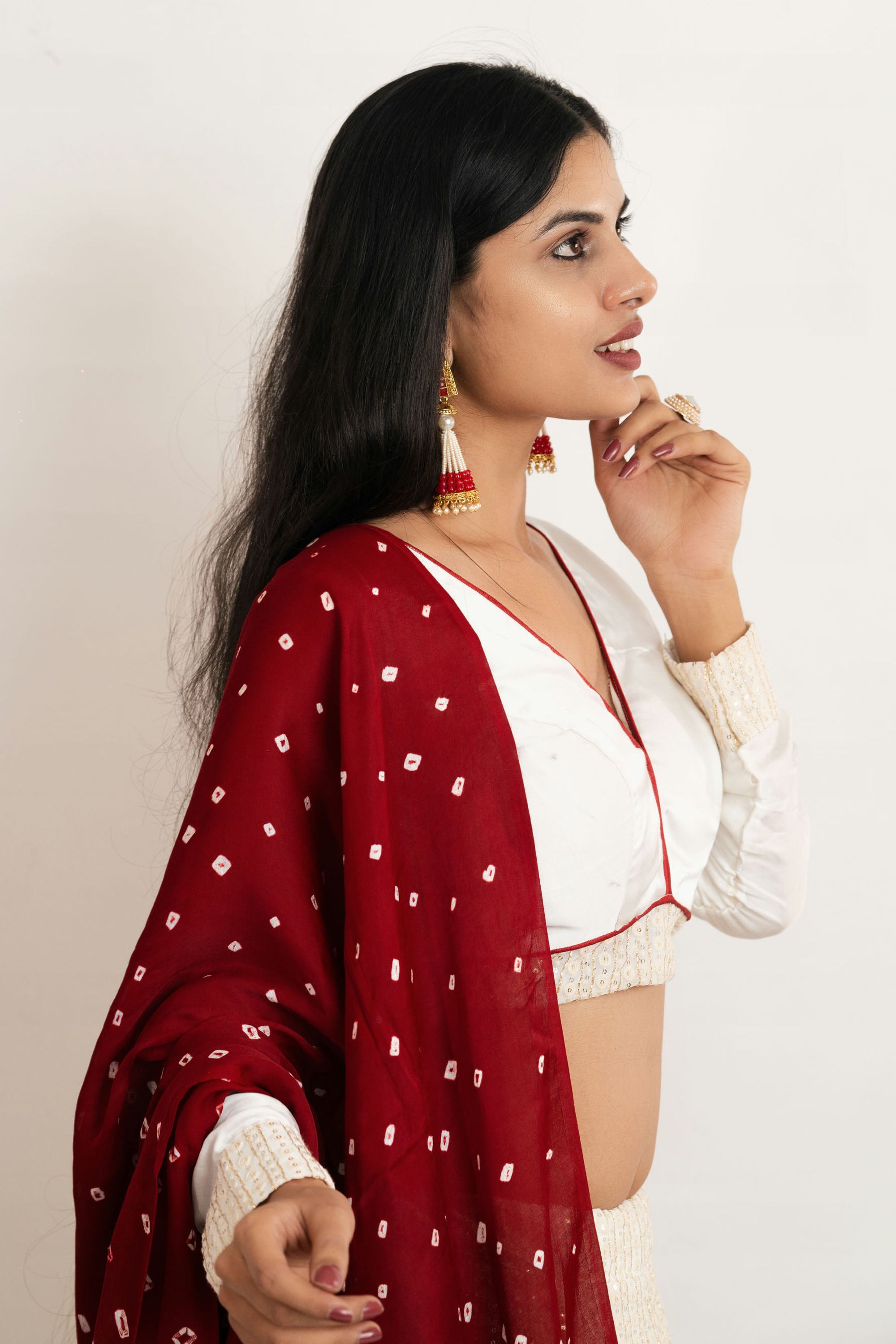 White & Red Georgette Thread Lehenga