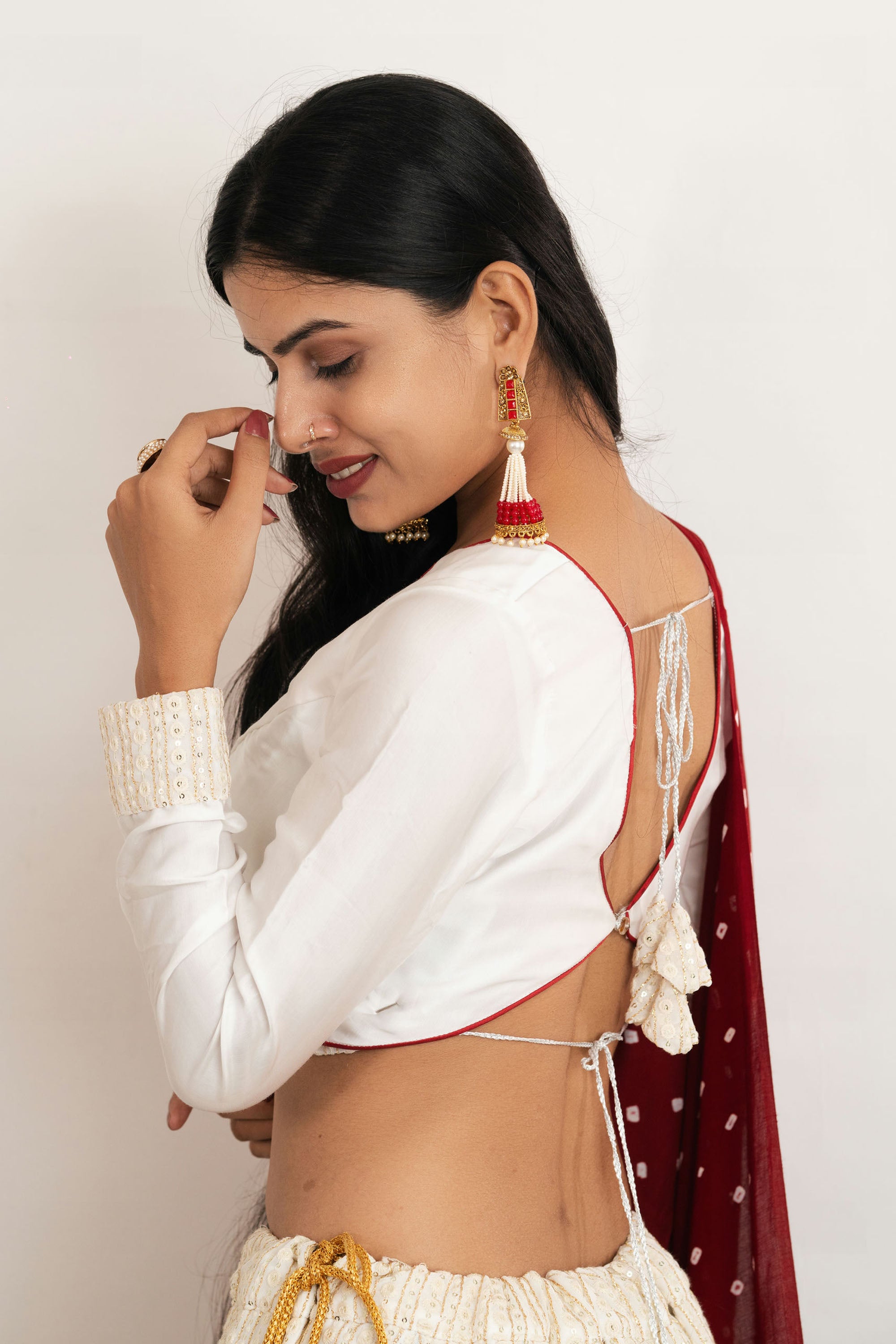 White & Red Georgette Thread Lehenga