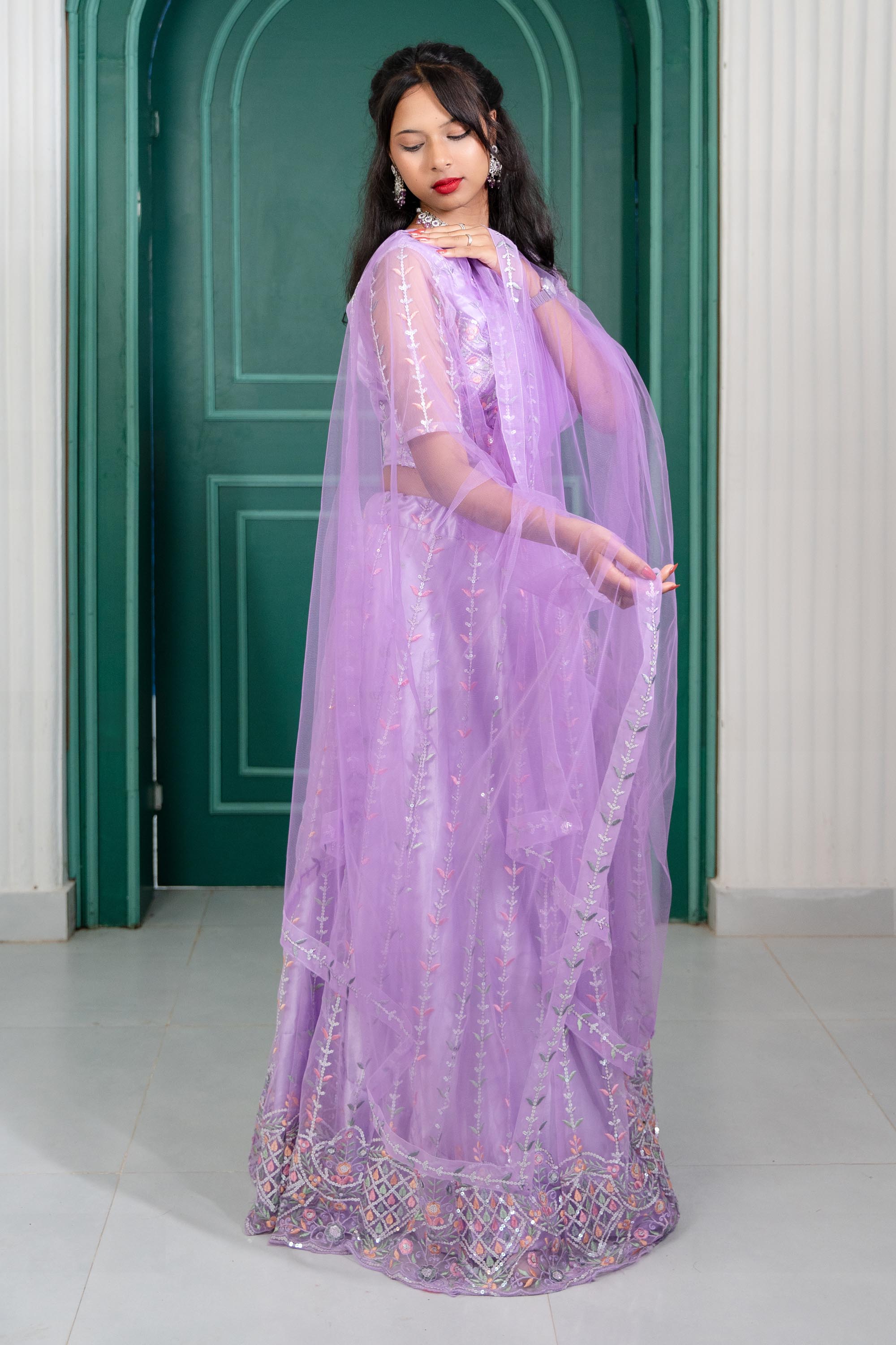 Purple V-Neck Net Lehenga