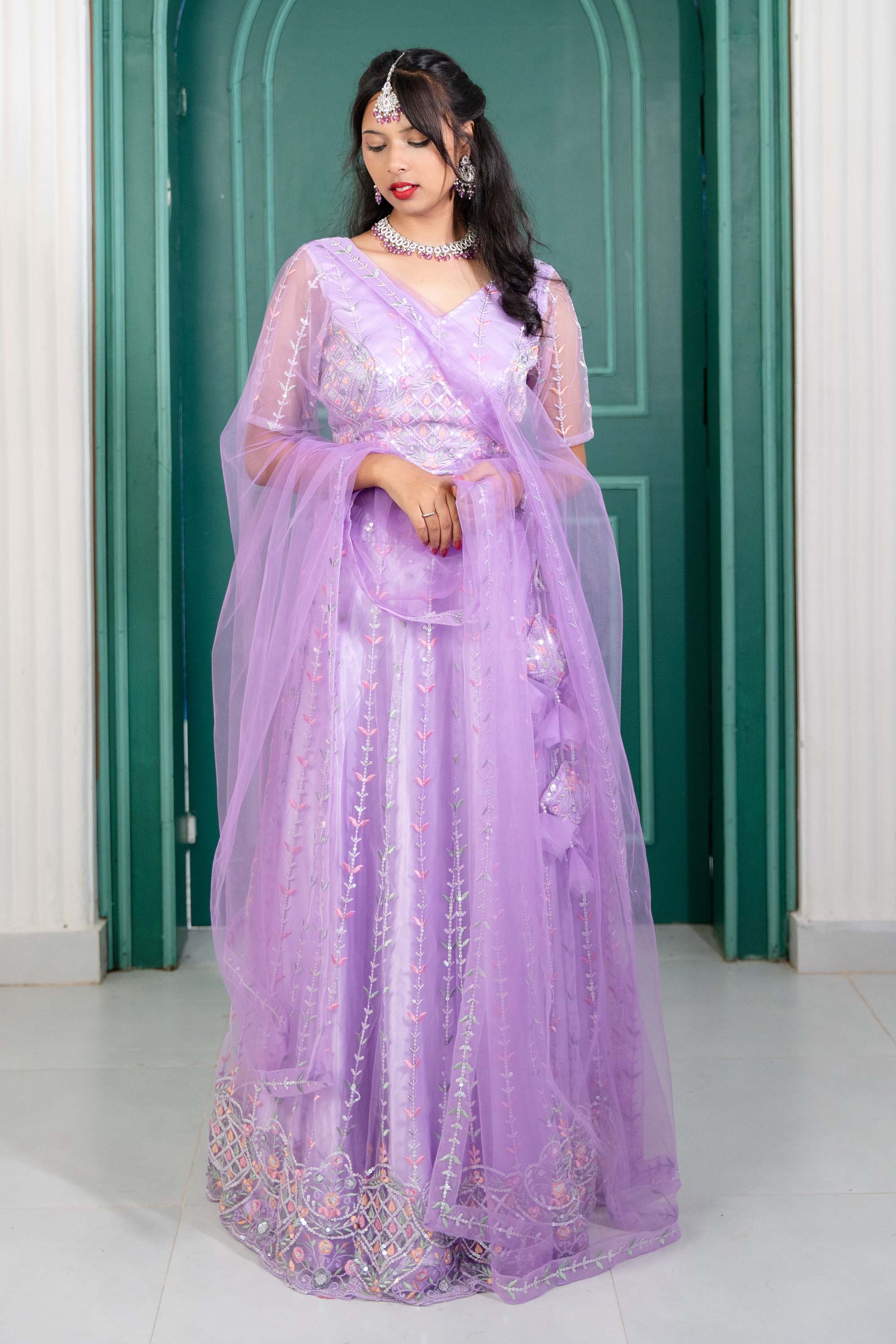 Purple V-Neck Net Lehenga