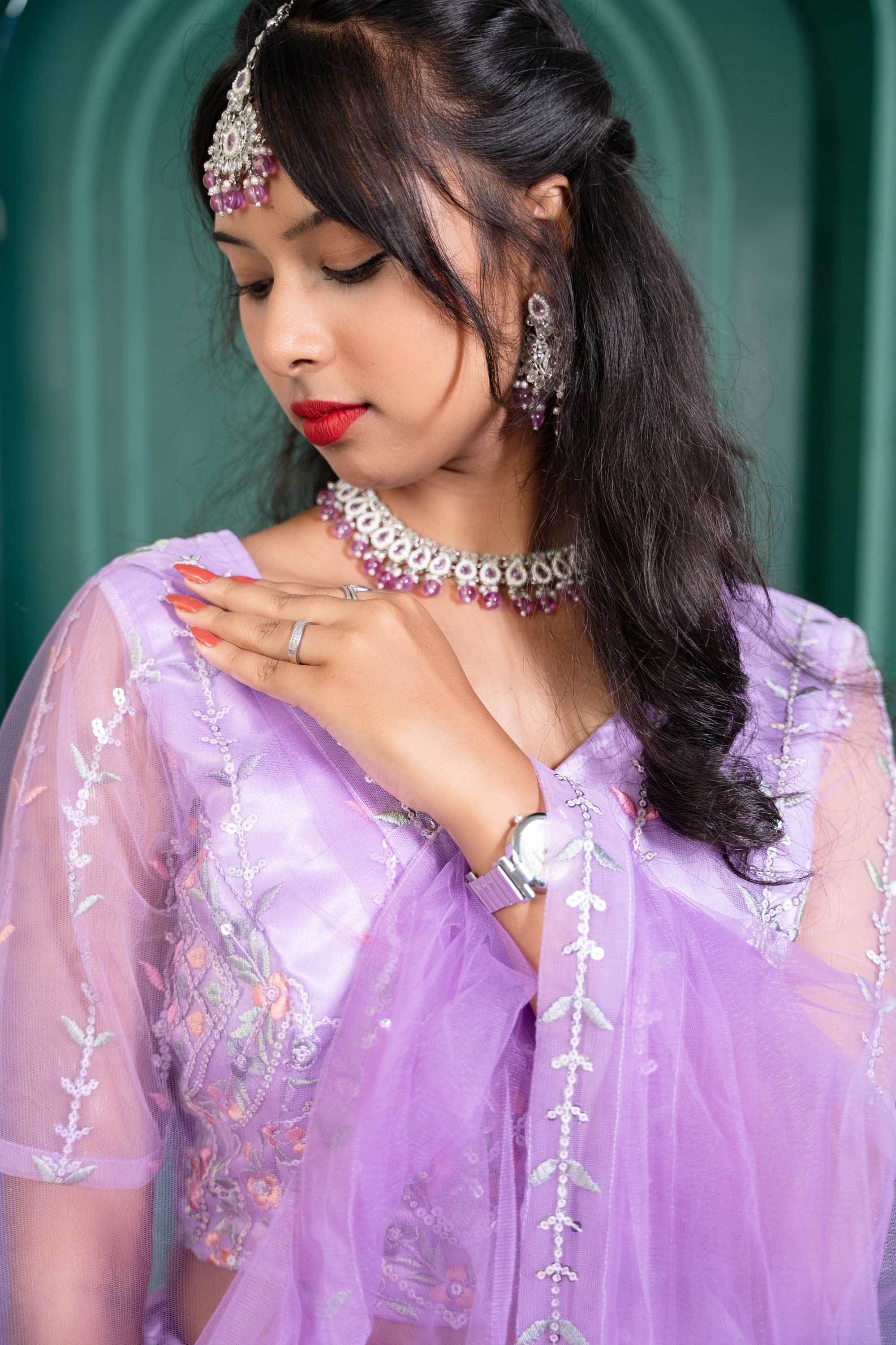 Purple V-Neck Net Lehenga