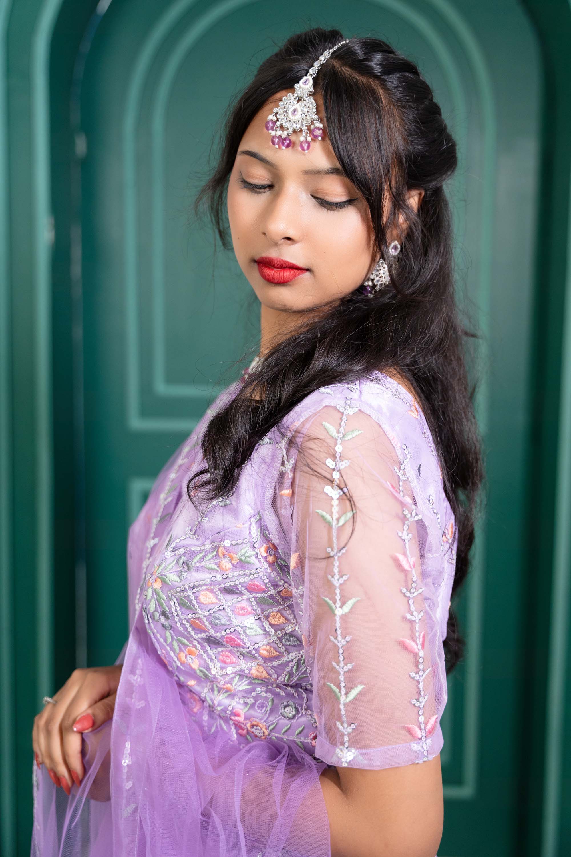 Purple V-Neck Net Lehenga