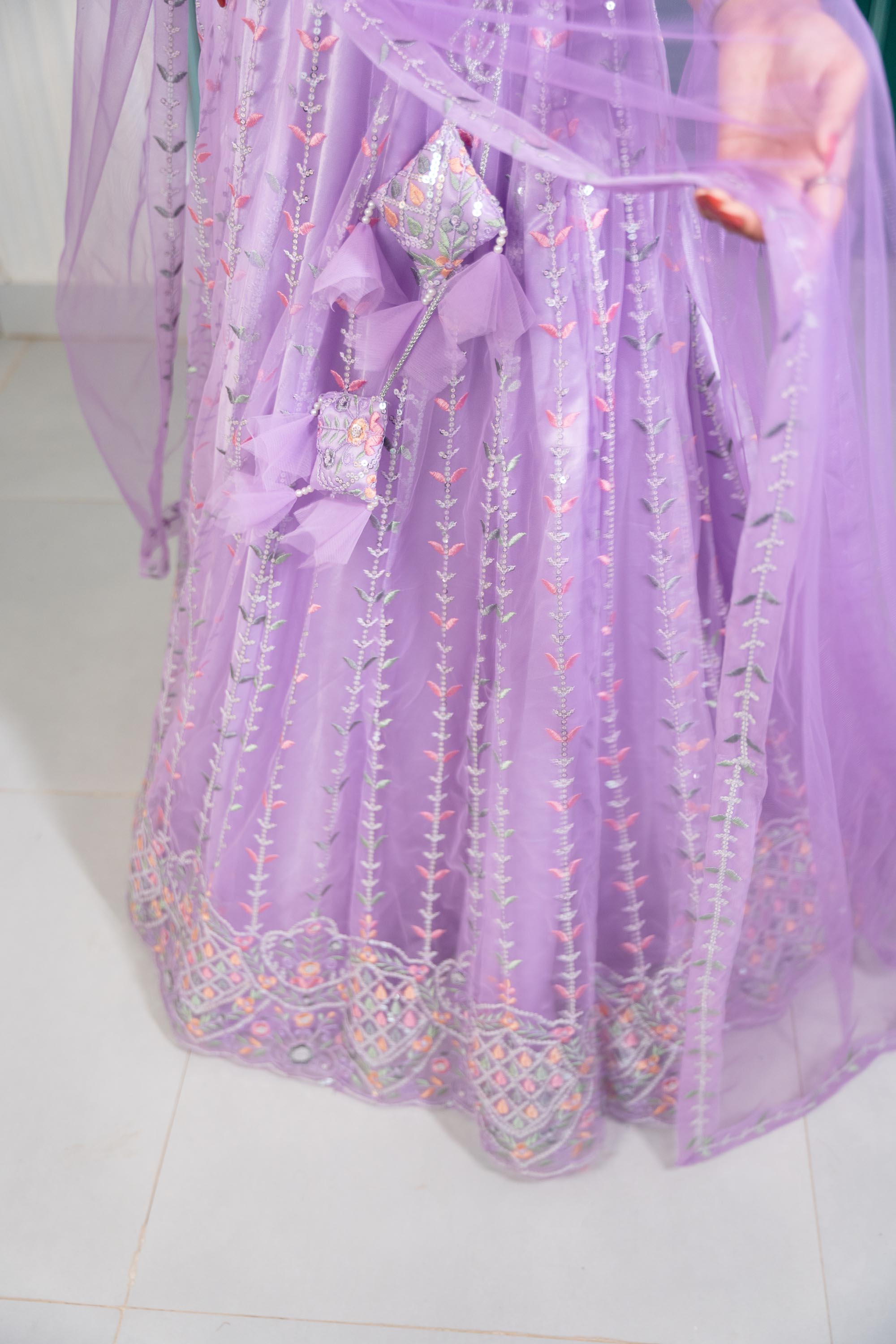 Purple V-Neck Net Lehenga