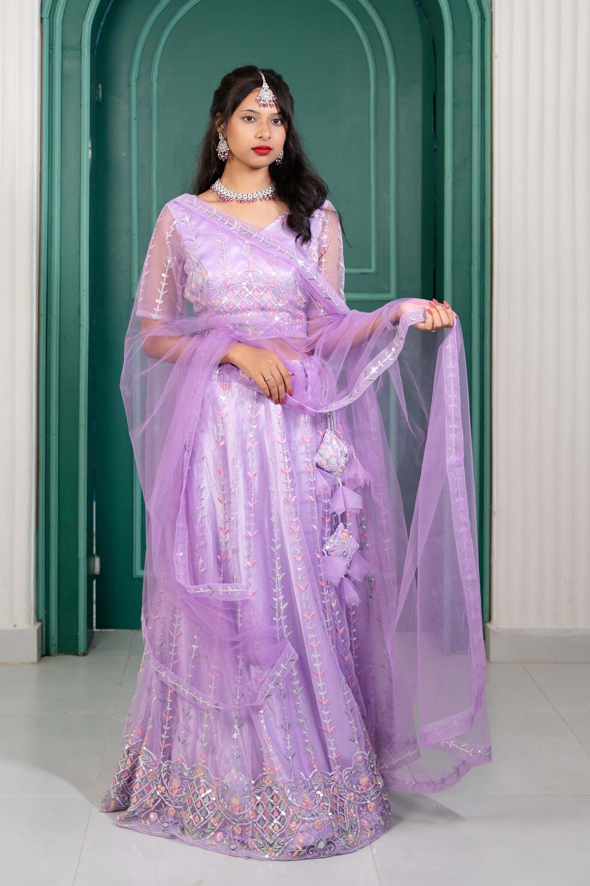 Purple V-Neck Net Lehenga