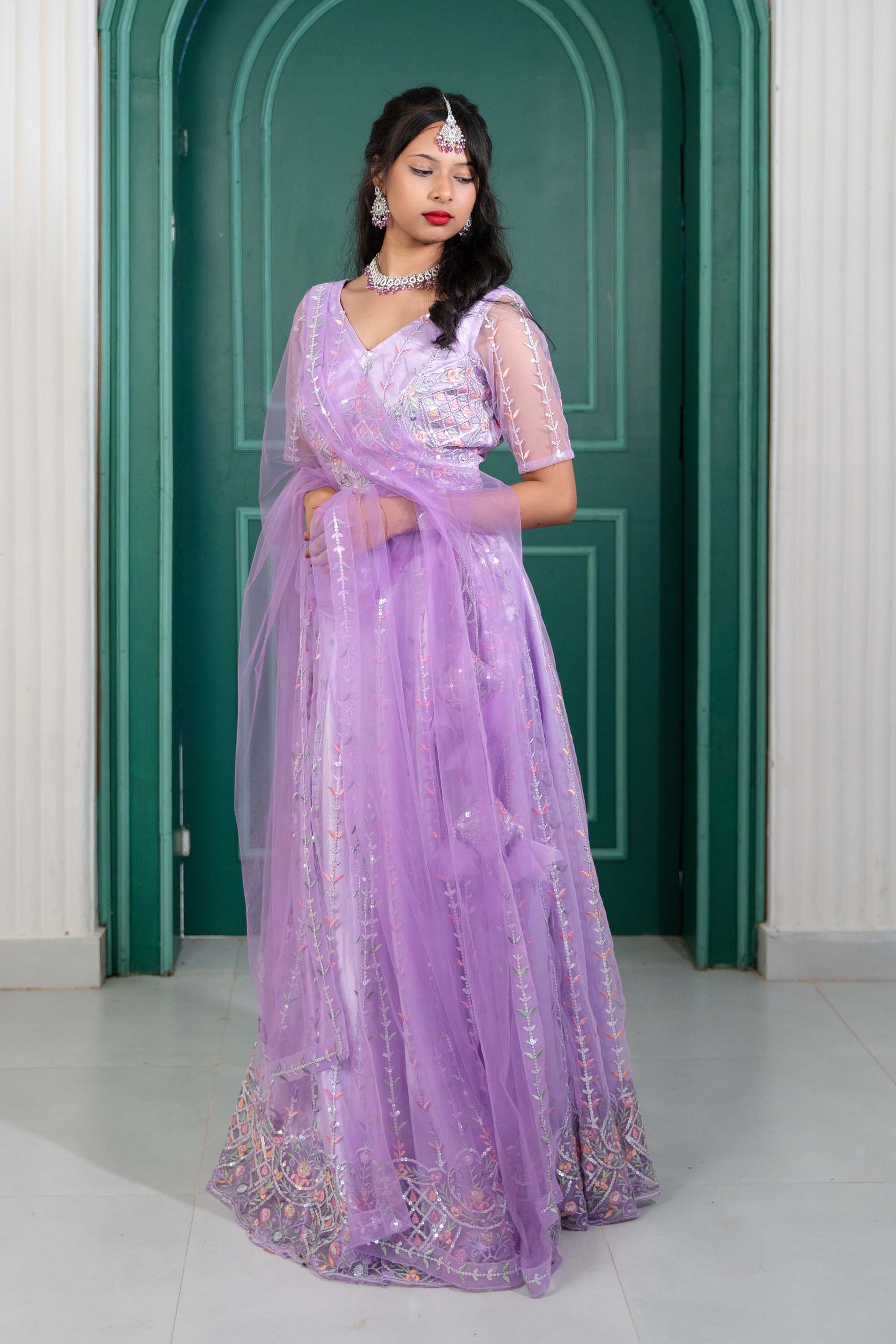 Purple V-Neck Net Lehenga