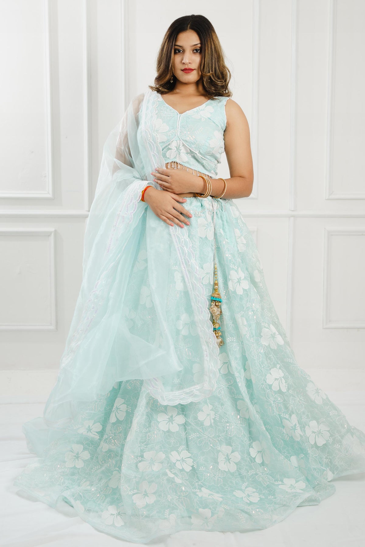 Sea Blue Organza Sleeveless Lehenga