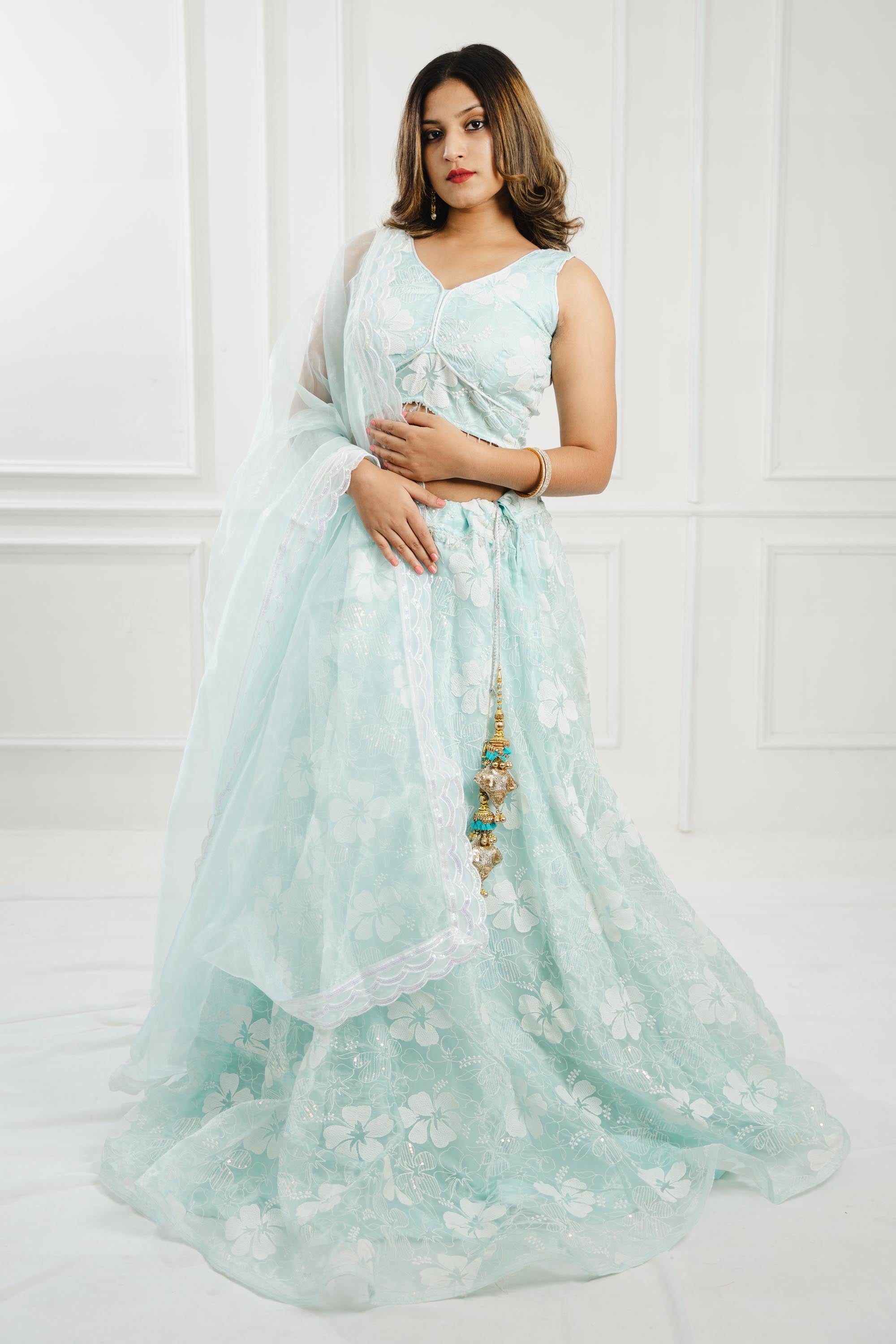 Sea Blue Organza Sleeveless Lehenga