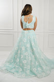 Sea Blue Organza Sleeveless Lehenga