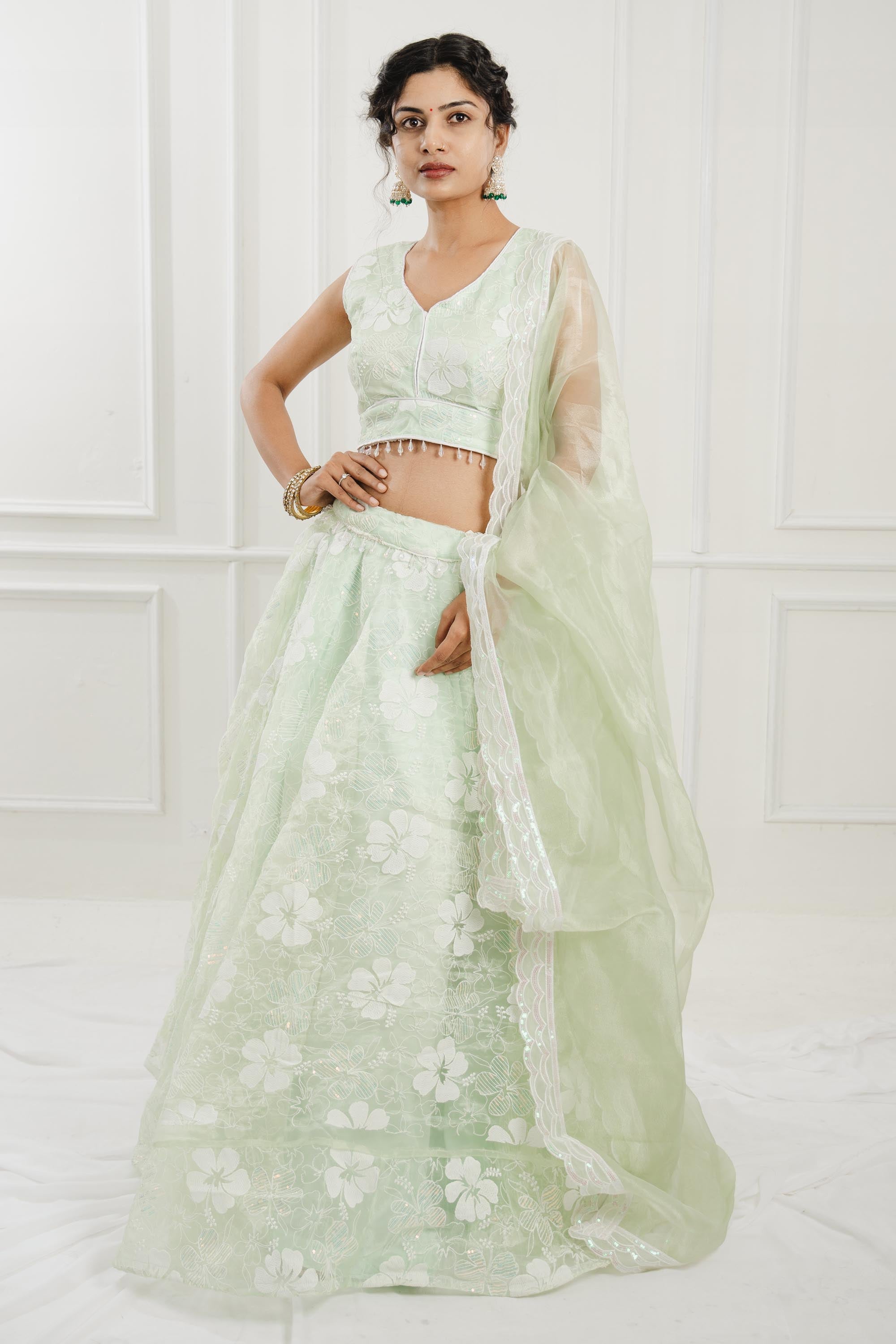 Light Green Organza Sleeveless Lehenga