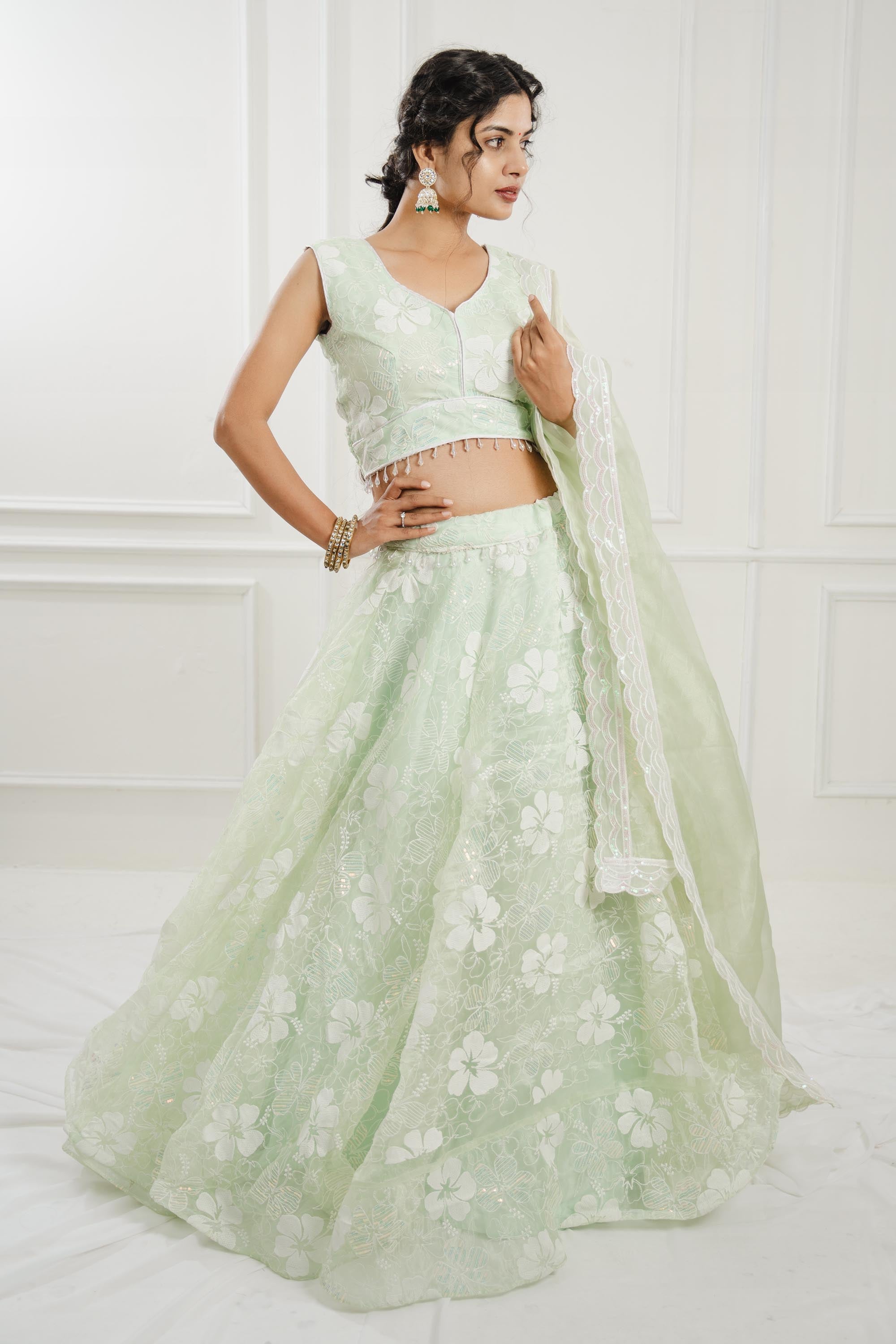 Light Green Organza Sleeveless Lehenga