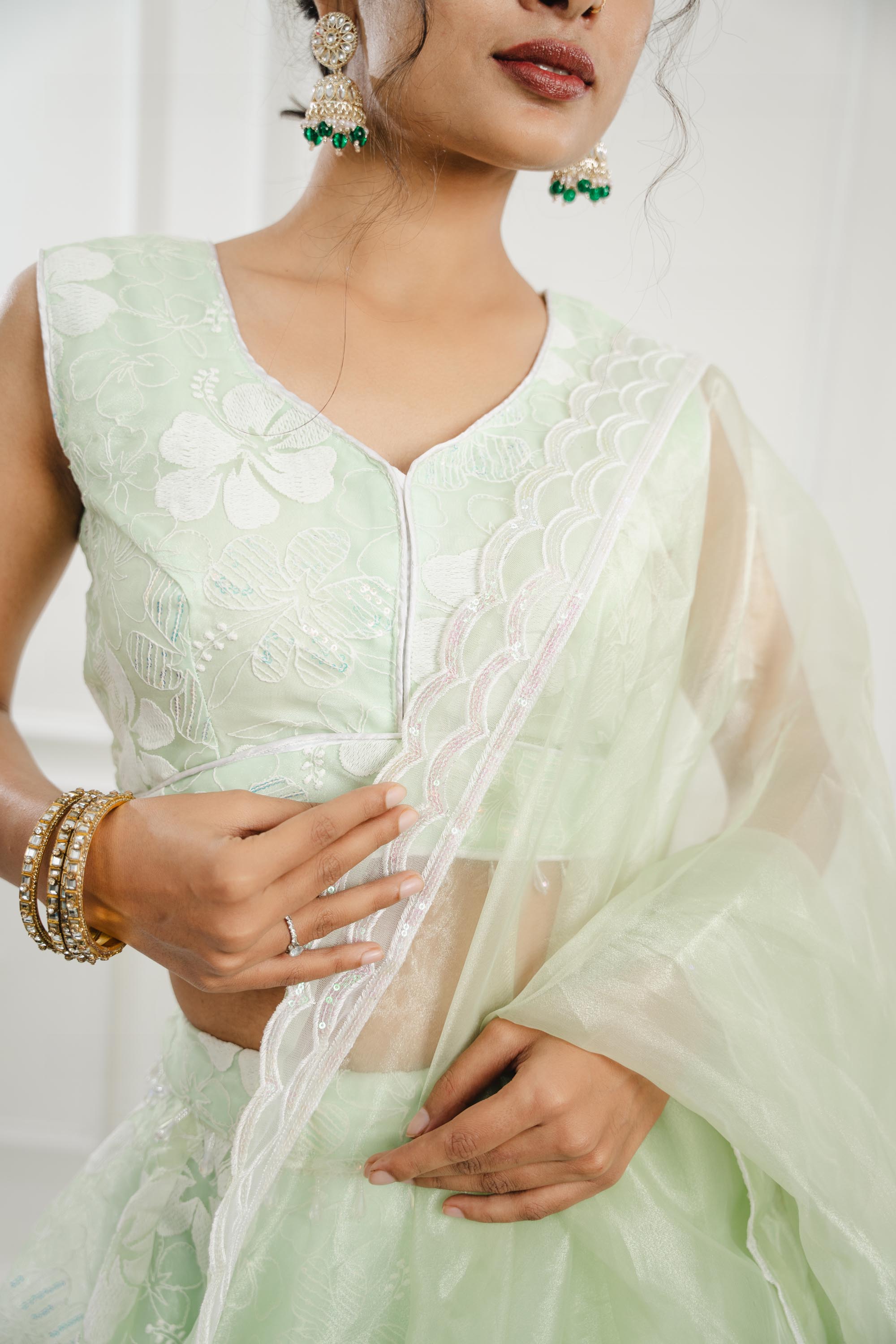 Light Green Organza Sleeveless Lehenga