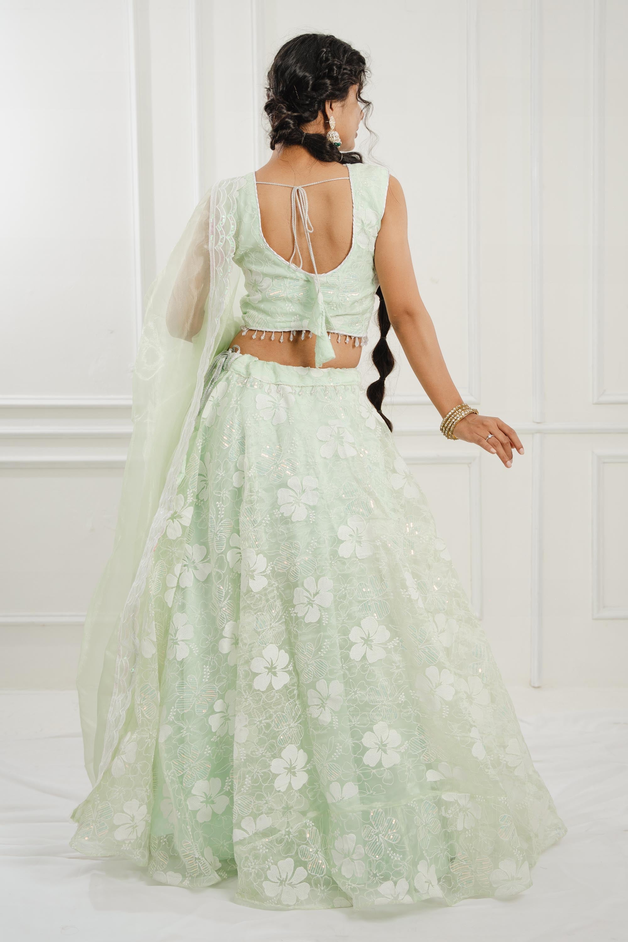 Light Green Organza Sleeveless Lehenga