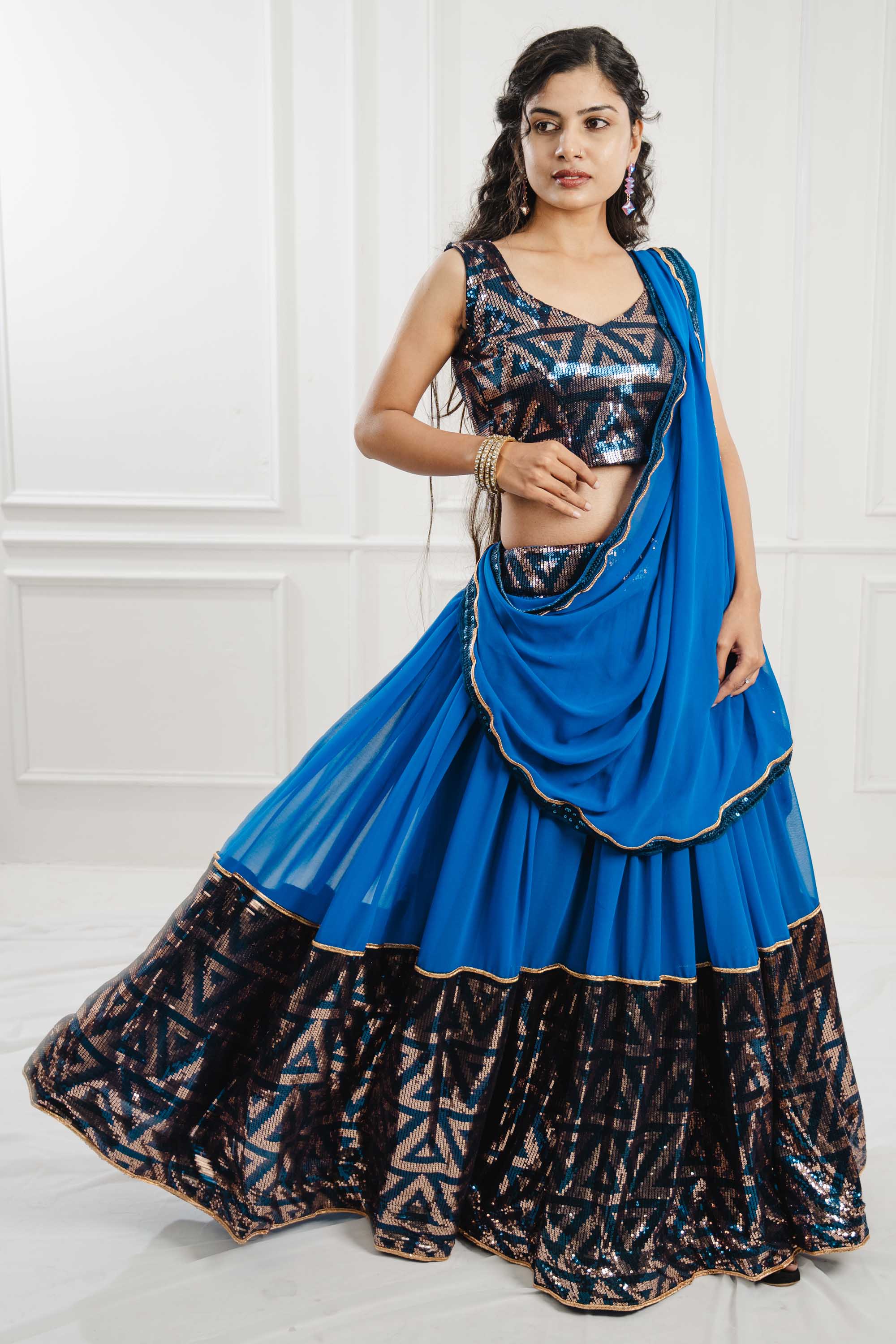 Indigo Blue Sequin Georgette Sleeveless Lehenga