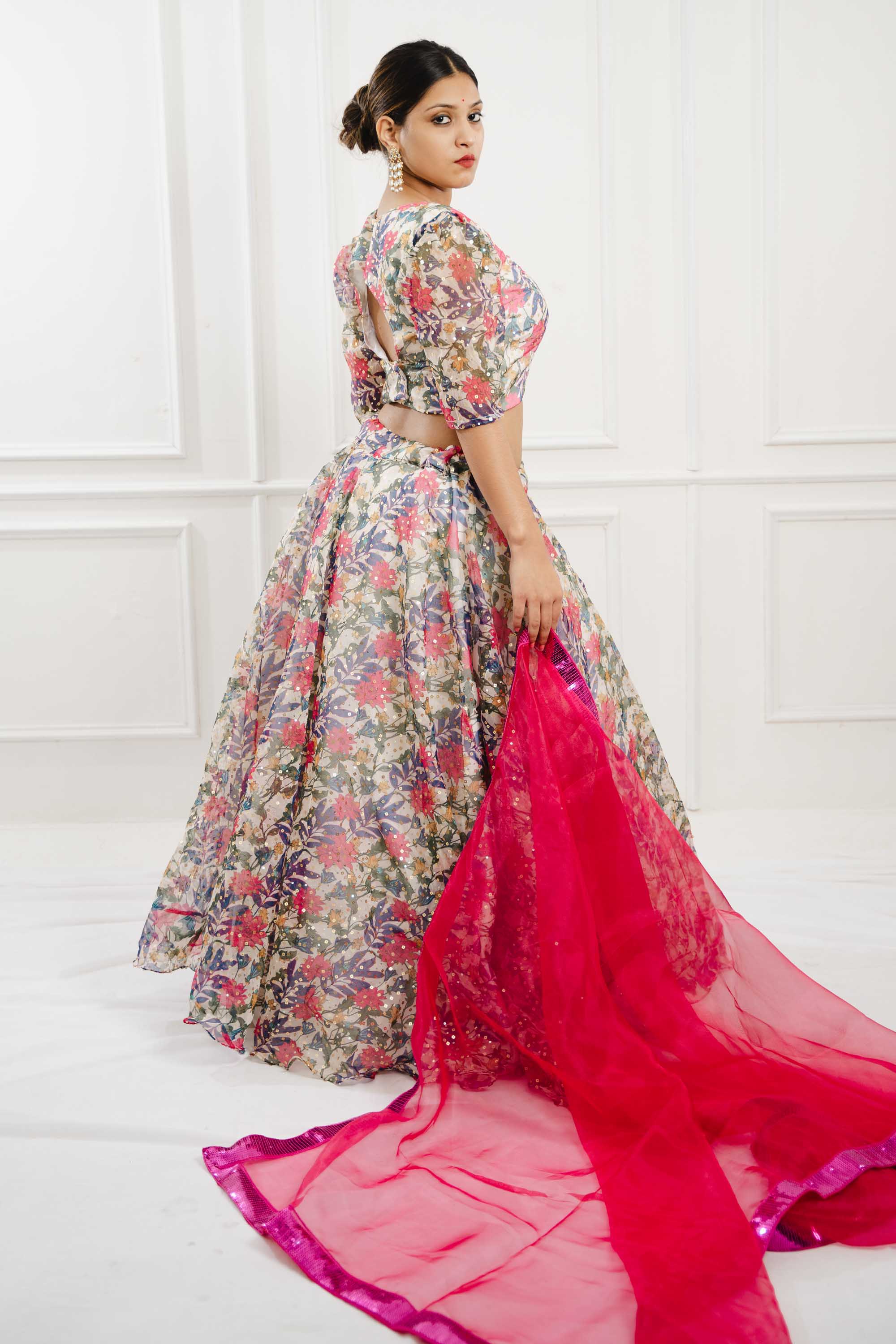 Flower Print Pink Organza Lehenga