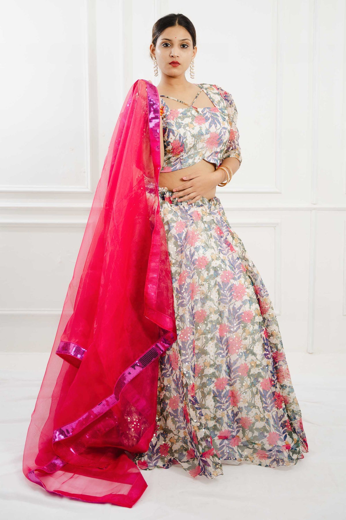 Flower Print Pink Organza Lehenga