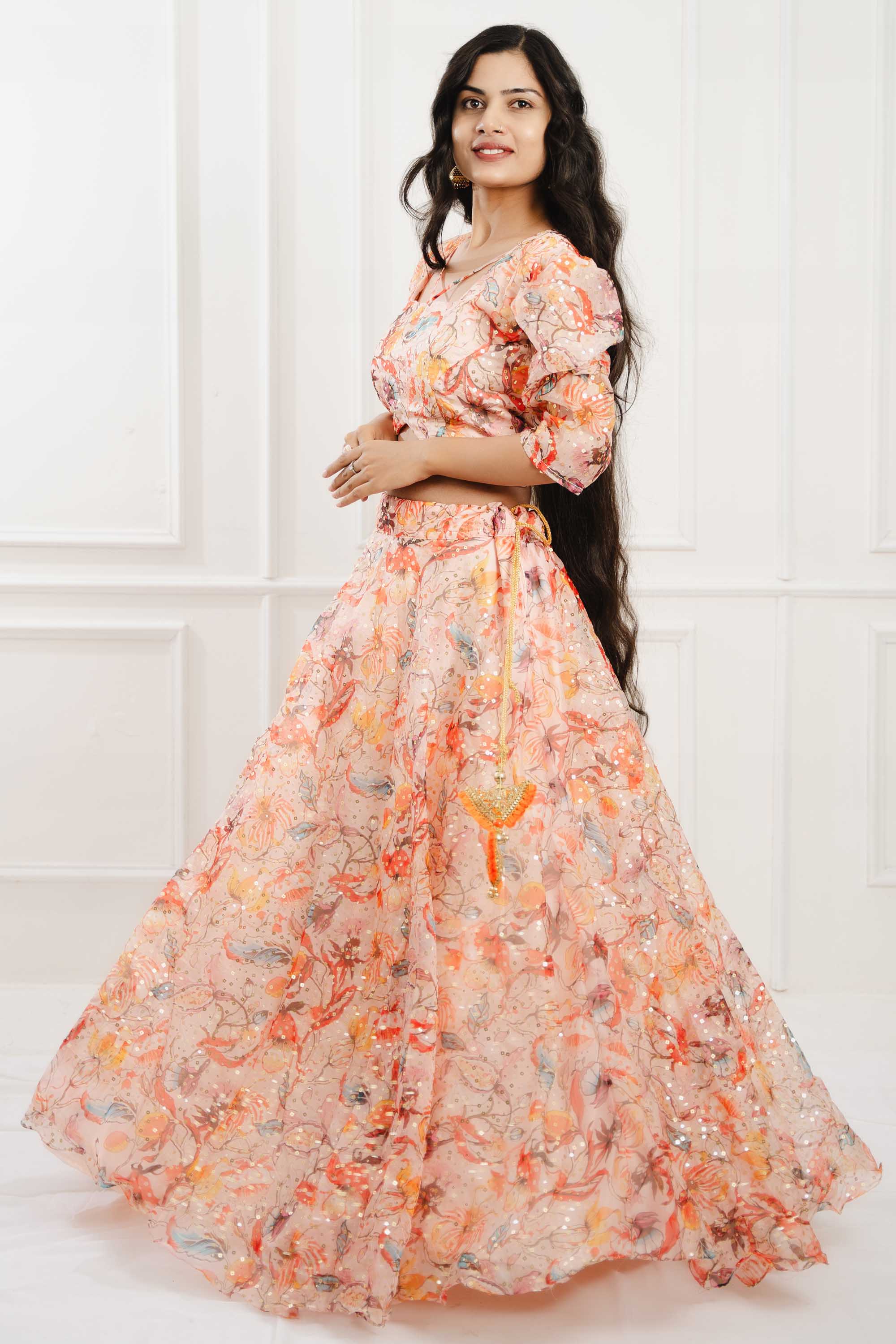 Flower Print Orange Organza Lehenga