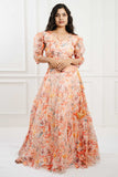 Flower Print Orange Organza Lehenga