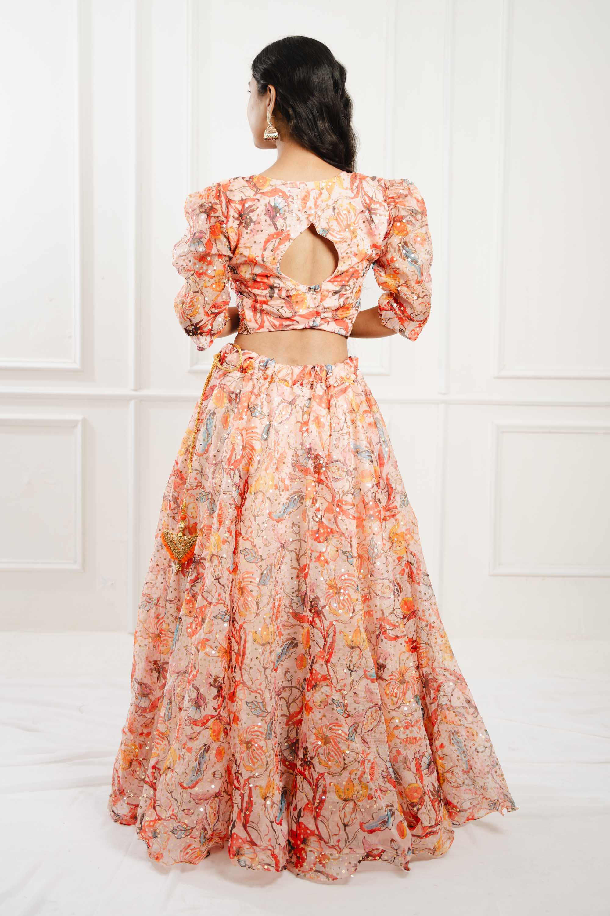 Flower Print Orange Organza Lehenga