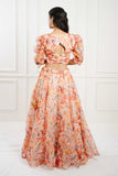 Flower Print Orange Organza Lehenga