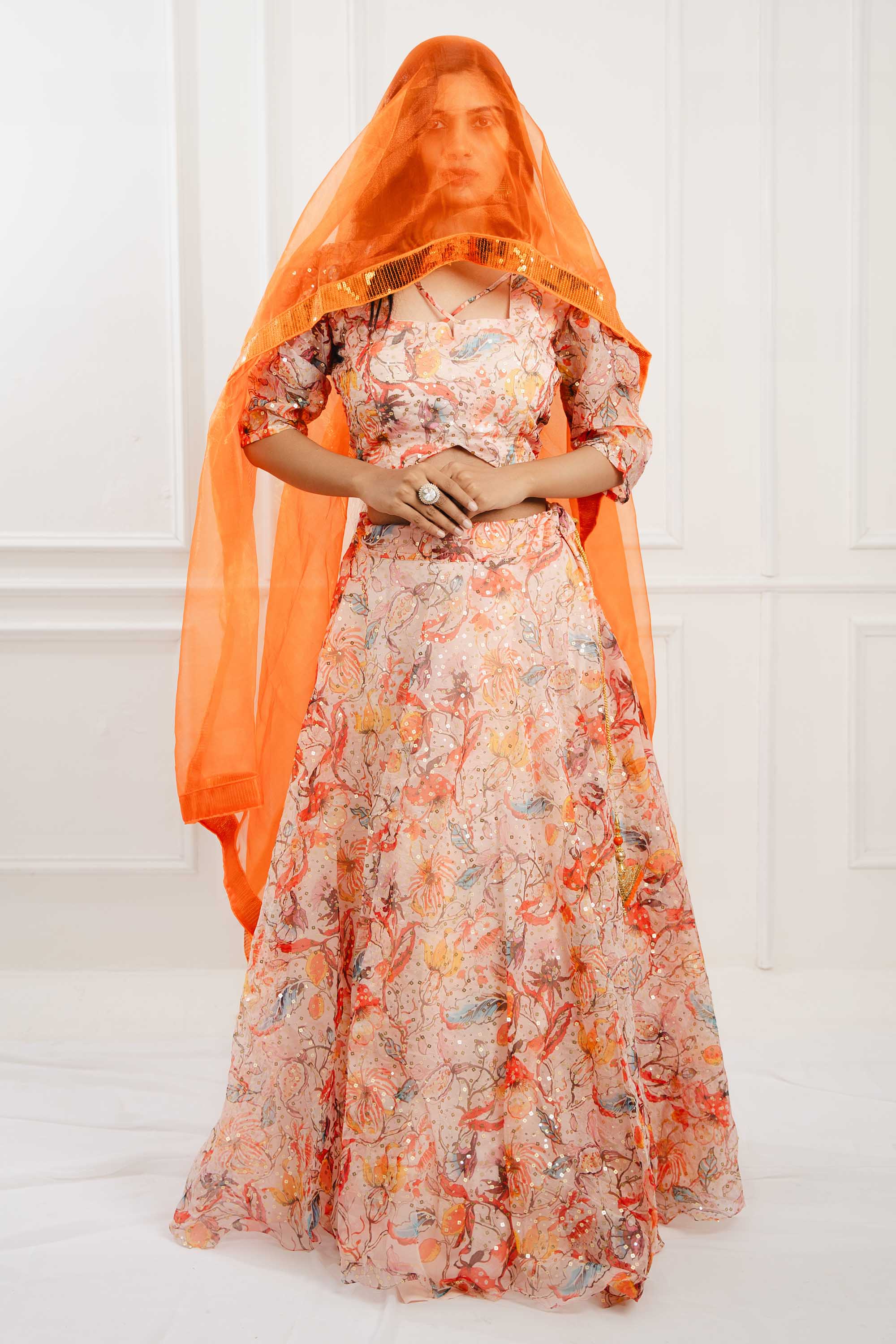 Flower Print Orange Organza Lehenga